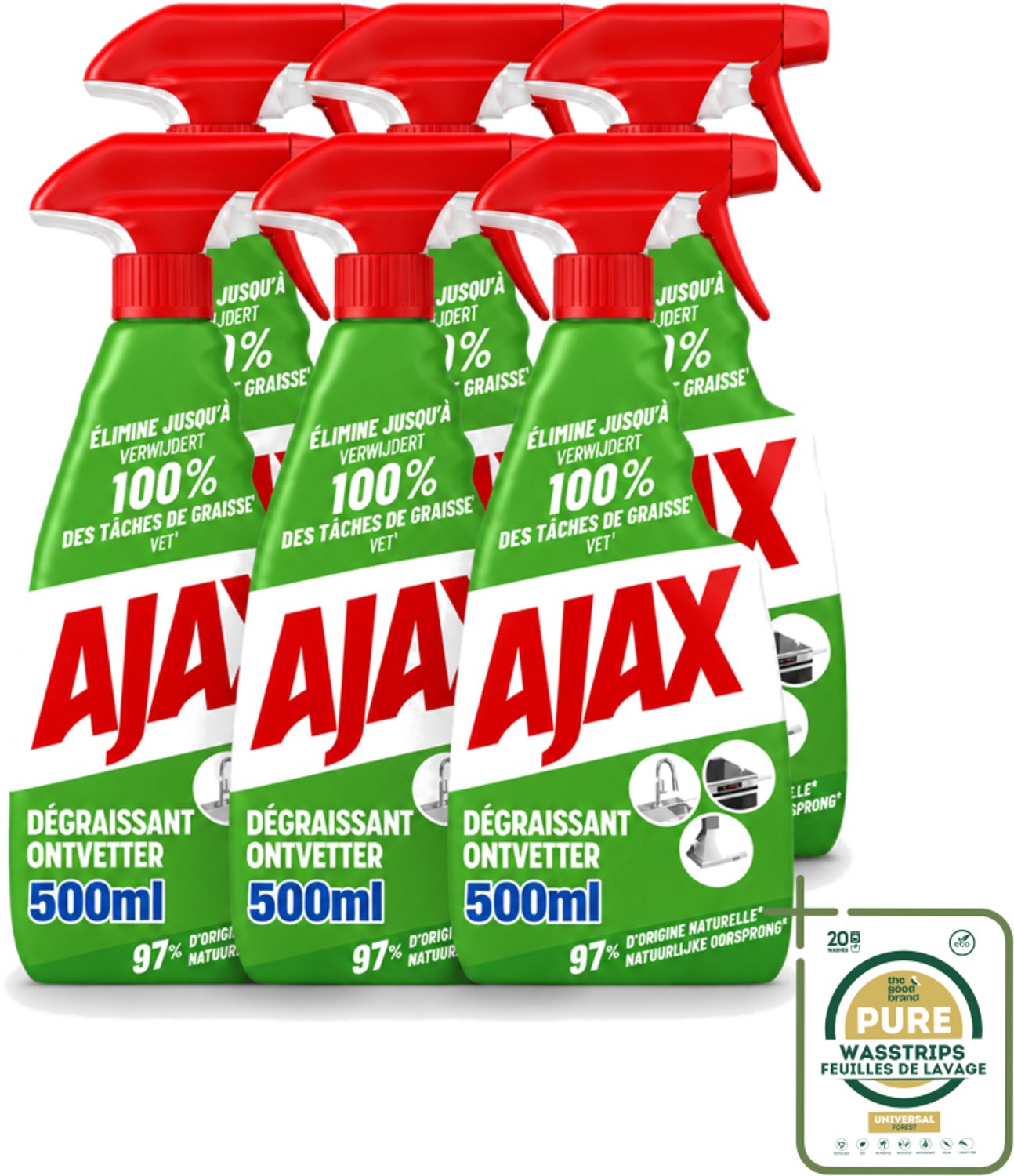 6 x Ajax – Ontvetter Spray – 500 ml - Wasstrips - Ajax Ontvetter - Ontvetter Spray 500 Ml - Vet Verwijderen - Keukenreiniger - Krachtige Ontvetter