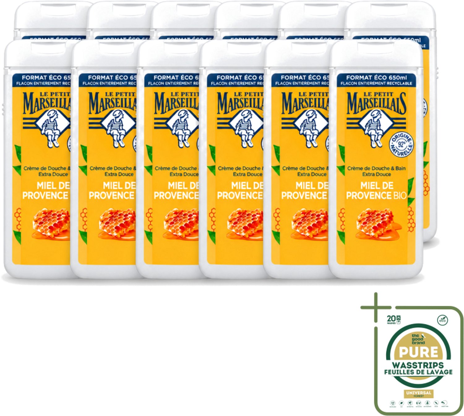 12 x Le Petit Marseillais – Douche & Bad – Honing – 650 ml - Wasstrips - Douche En Bad - Honing - Huid Verzorging - Schuim - Zachte Huid