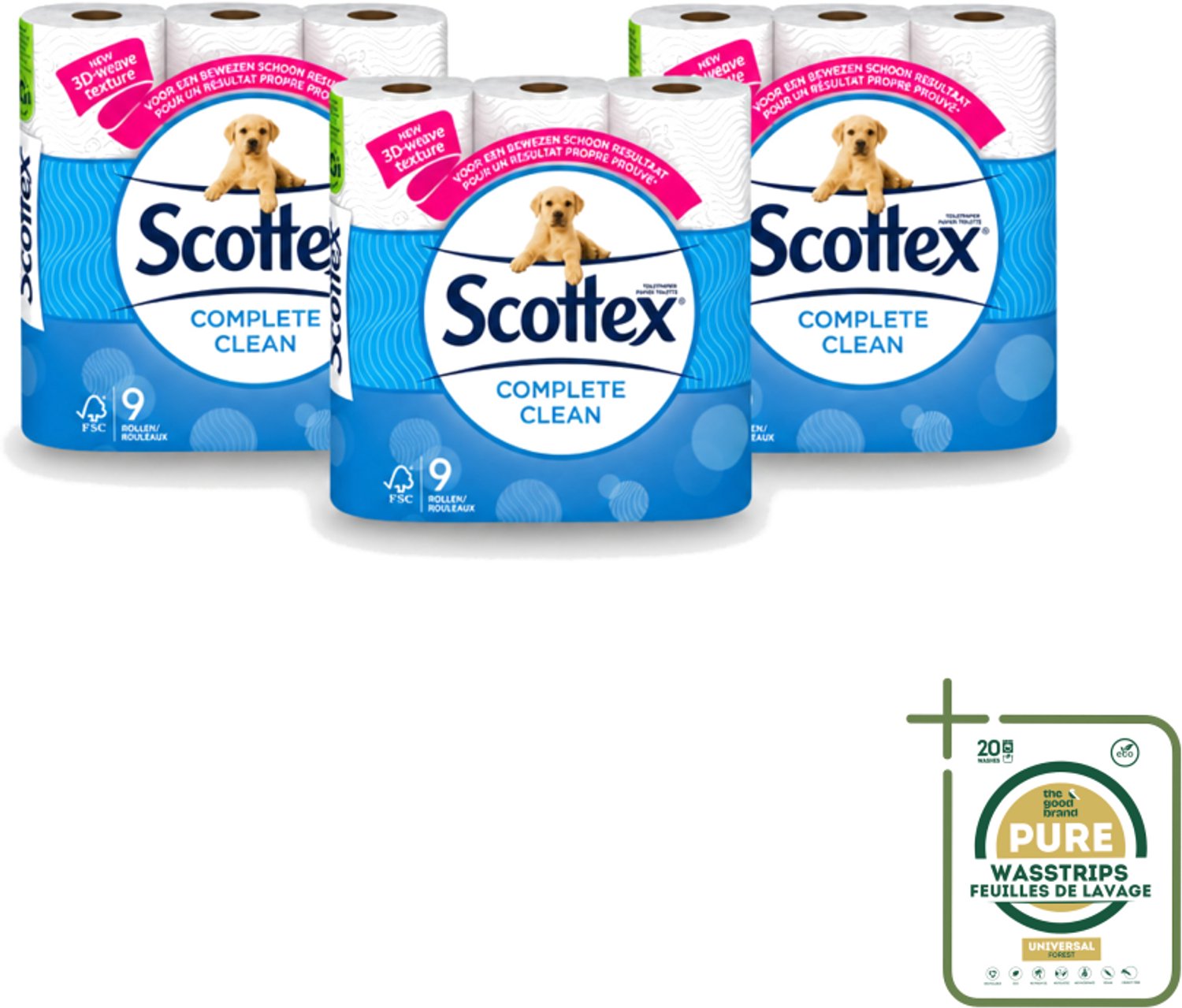 3 x Page Scottex – Toiletpapier – Complete Clean 2-laags – 9 rollen - Wasstrips - Toiletpapier - Schone Reiniging - 3D Wave™ - Extra Zacht - 2-laags