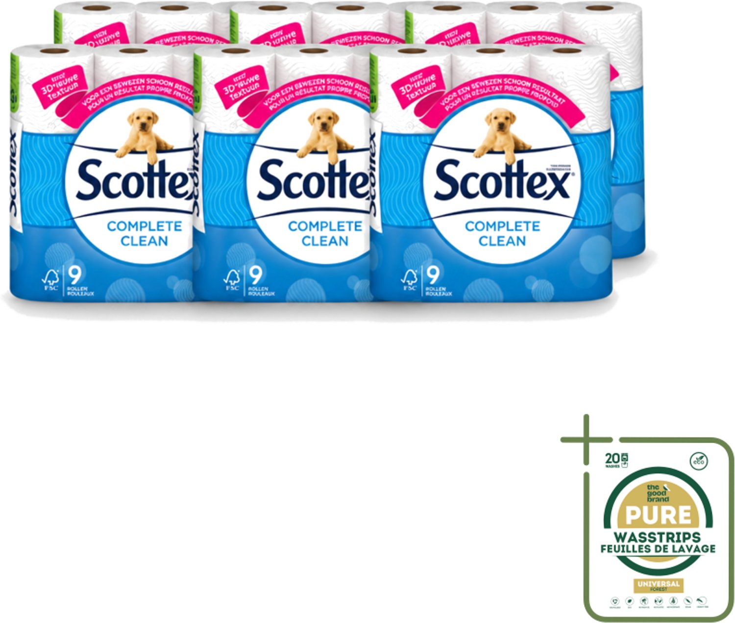 6 x Page Scottex – Toiletpapier – Complete Clean 2-laags – 9 rollen - Wasstrips - Toiletpapier - Schone Reiniging - 3D Wave™ - Extra Zacht - 2-laags