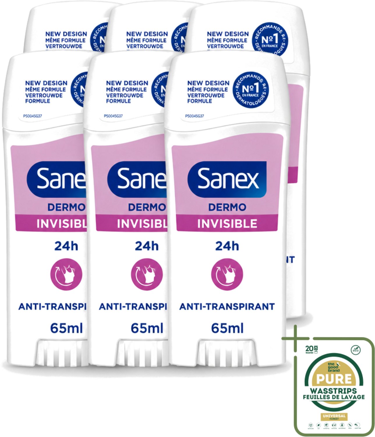 6 x Sanex – Deodorant Stick – Dermo Invisible – 65 ml - Wasstrips - Onzezichtbare Deodorantstick - Deodorantstick - Onzichtbare Deodorant - Huidvriendelijke Deodorant - Frisheid