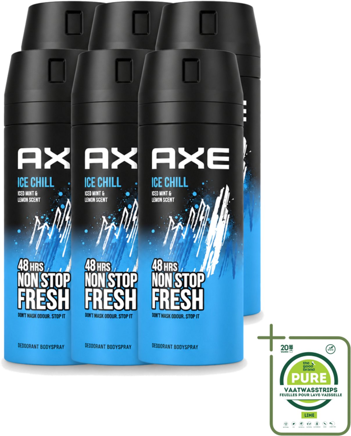 6 x Axe - Deodorant Bodyspray - 48hrs Fresh - Ice Chill - Iced Mint & Lemon - 150 ml - Grootverpakking - Vaatwasstrips - 48 Uur Bescherming - Lichaamsgeur - Deodorant - Frisheid - Bevroren Munt