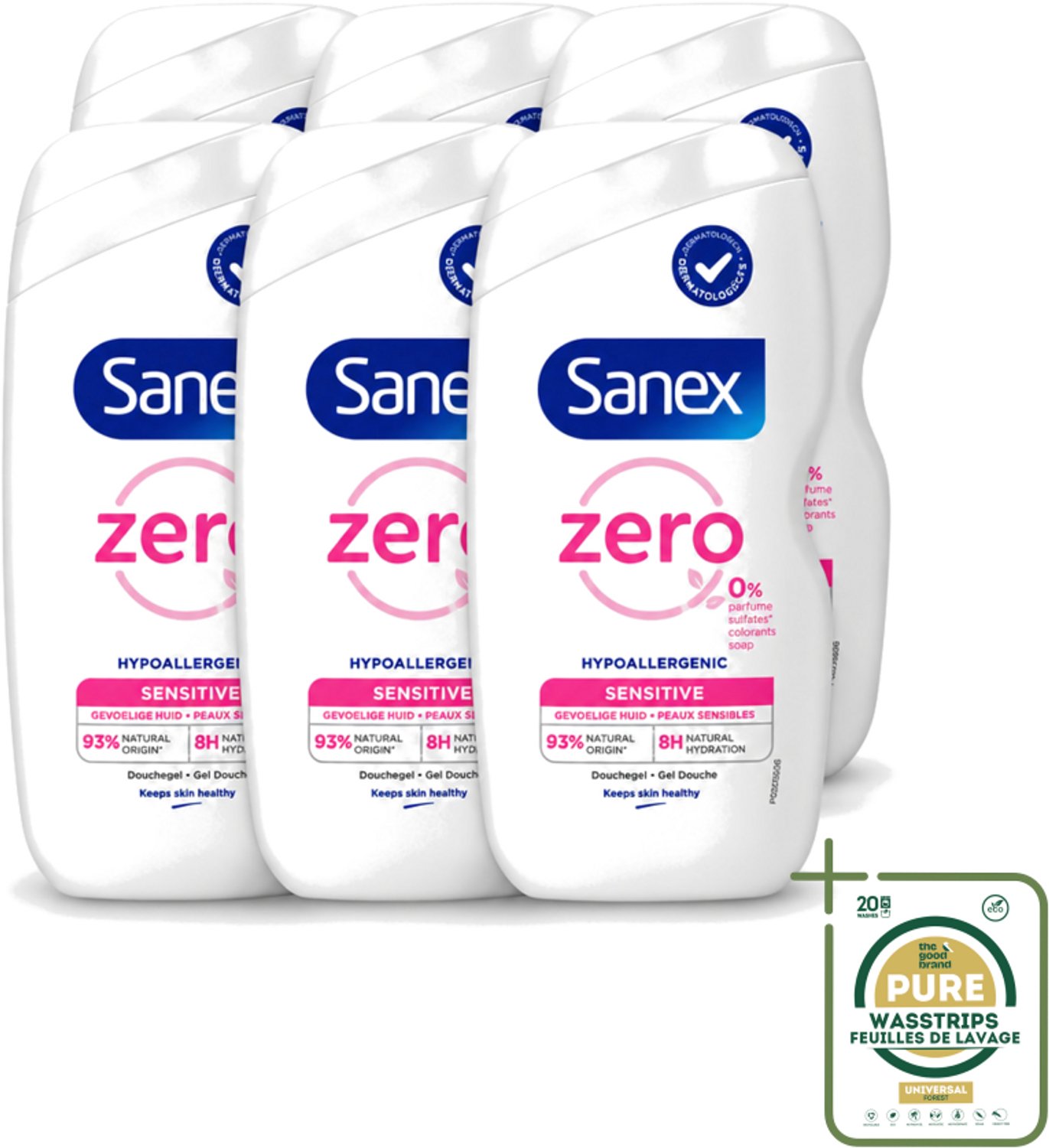 6 x Sanex Zero% - Douchegel - Gevoelige Huid - 0% Parfumsulfaten - Hypoallergeen - 400 ml - Wasstrips - Gevoelige Huid - Hypoallergene Douchegel - 0% Parfum - 0% Sulfaten - Milde Reiniging