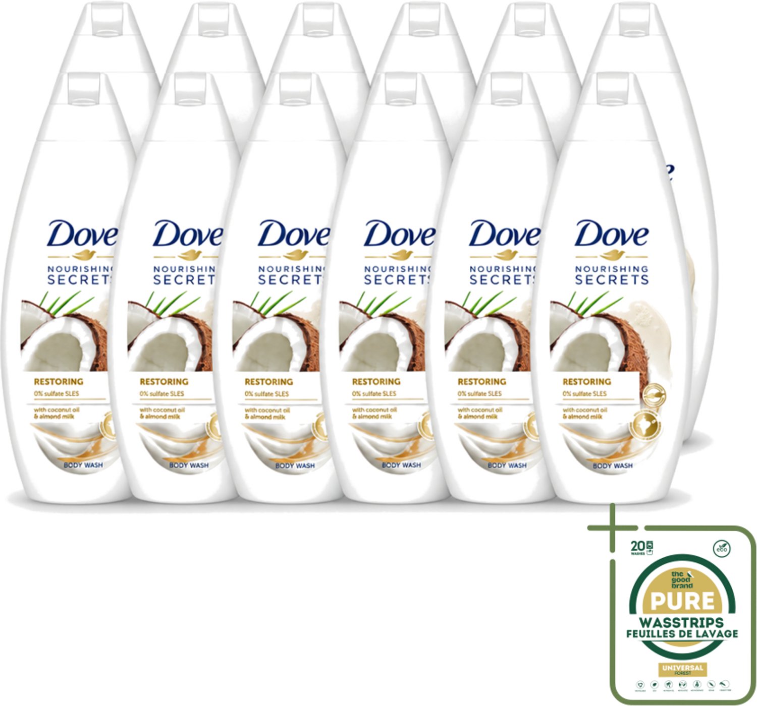 12 x Dove Nourishing Secrets - Douchegel - Kokosolie & Amandel melk - Sulfaatvrij - 250 ml - Wasstrips - Douchegel - Kokosolie - Amandelmelk - Natuurlijke Verzorging - Sulfaatvrije Douchegel