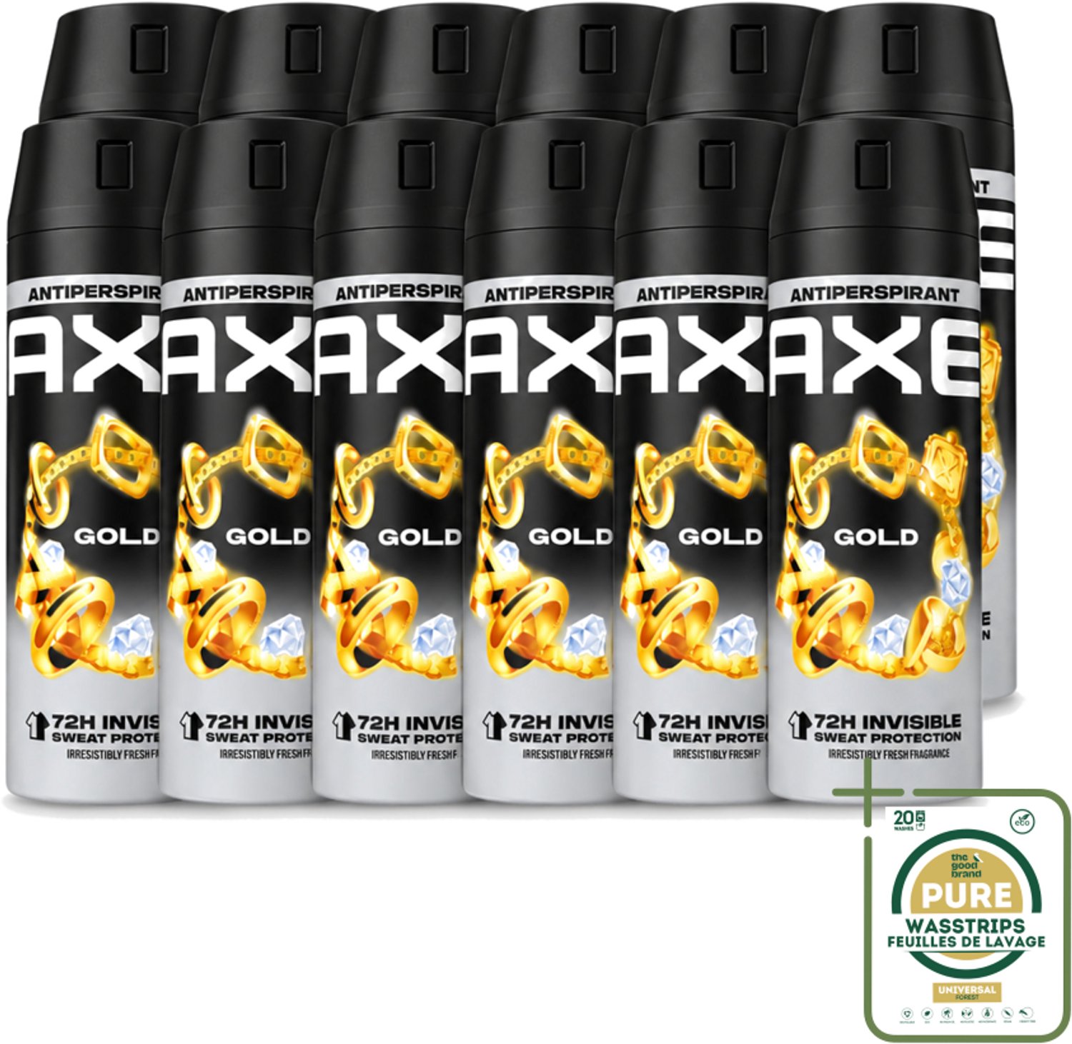 12 x Axe - Deodorant Spray - 72hrs Anti Sweat - Anti White Marks - Gold - 150 ml - Wasstrips - Anti Transpirant Spray - 72 Uur Bescherming - Zweetvoorkomend - Witte Strepen Voorkomen - Oud Wood Geur