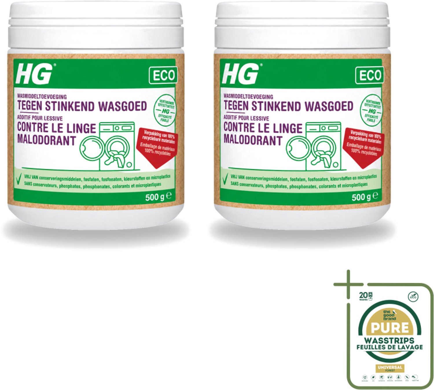 2 x HG ECO - Wasmiddeltoevoeging Tegen Stinkend Wasgoed - Effectieve Formule - 16 Wasbeurten - 500 g - Wasstrips - Wasmiddel - Stankmoleculen - Wasgoed - Wasmiddeltoevoeging - Stinkend Wasgoed