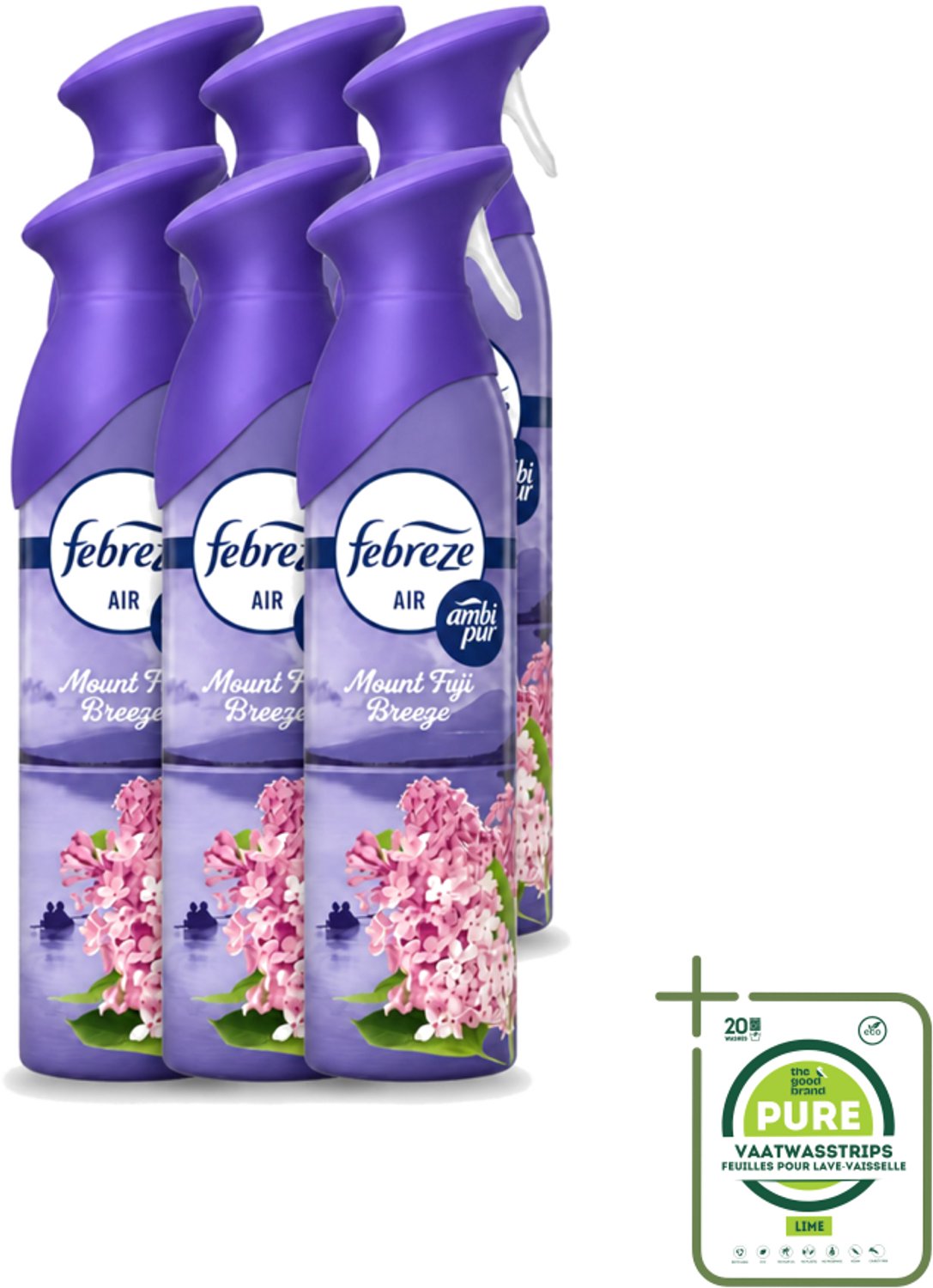 6 x Febreze – Luchtspray – Mount Fuji Breeze – 185 ml - Grootverpakking - Vaatwasstrips - Luchtverfrisser Spray - Geurverwijdering - Geur Neutraliseren - Mount Fuji Geur - Frisse Geur
