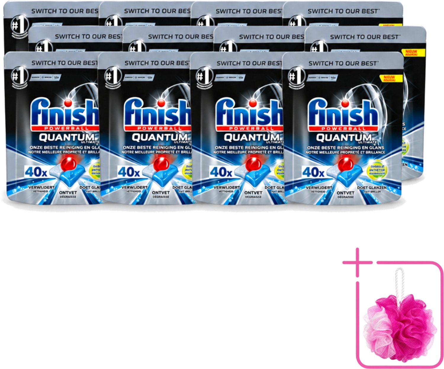 12 x Finish – Vaatwastabletten – Quantum Ultimate Ontvetter – 40 Capsules - Bulkverpakking - Vaatwasmiddel - Douchemop - Vaatwastablet