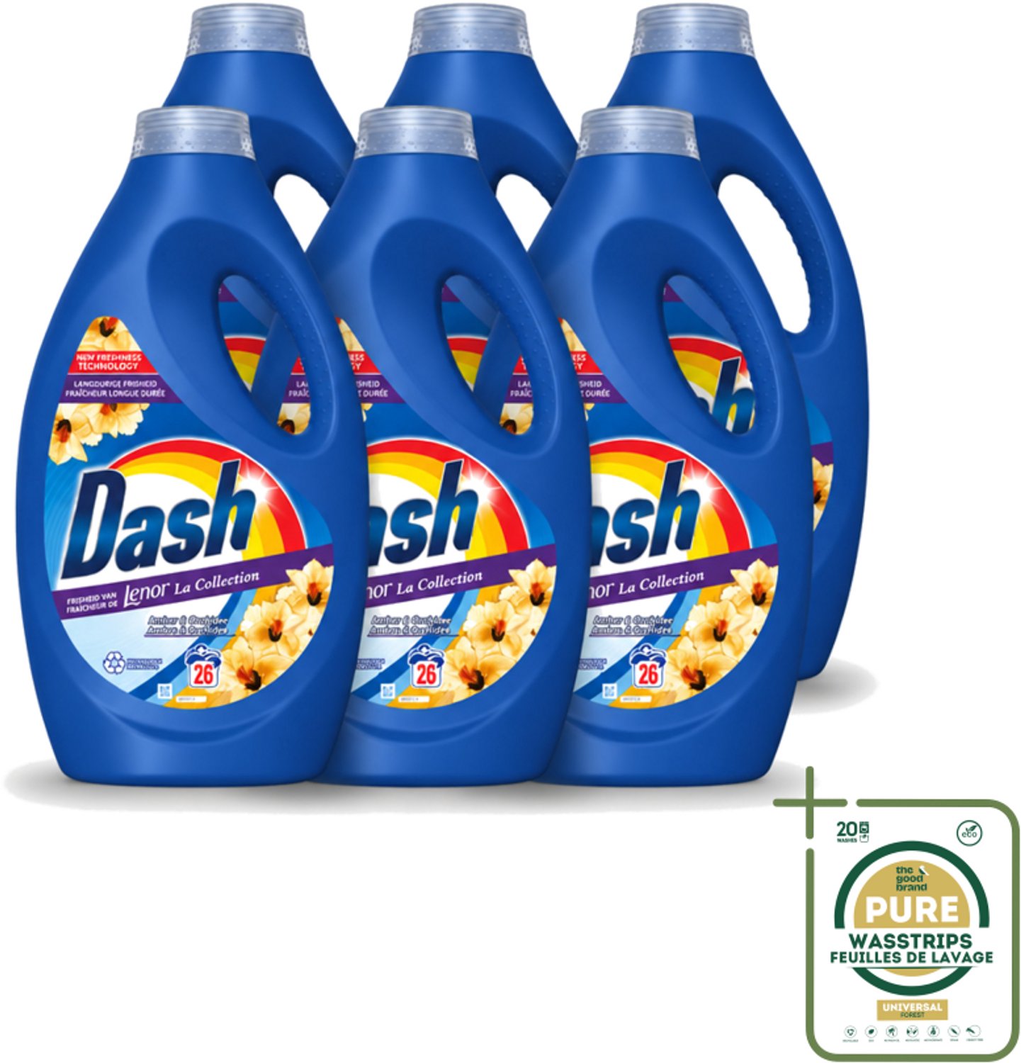 6 x Dash - Lenor Collectie - Vloeibaar Wasmiddel - Witte en Gekleurde Was - Amber & Orchidee - 26 Wasbeurten - Wasstrips - Vloeibaar Wasmiddel - Frisheid - Wasmiddel Amber Orchidee - Wasmiddel Lenor - Wasmiddel Voor Witte En Gekleurde Kleding
