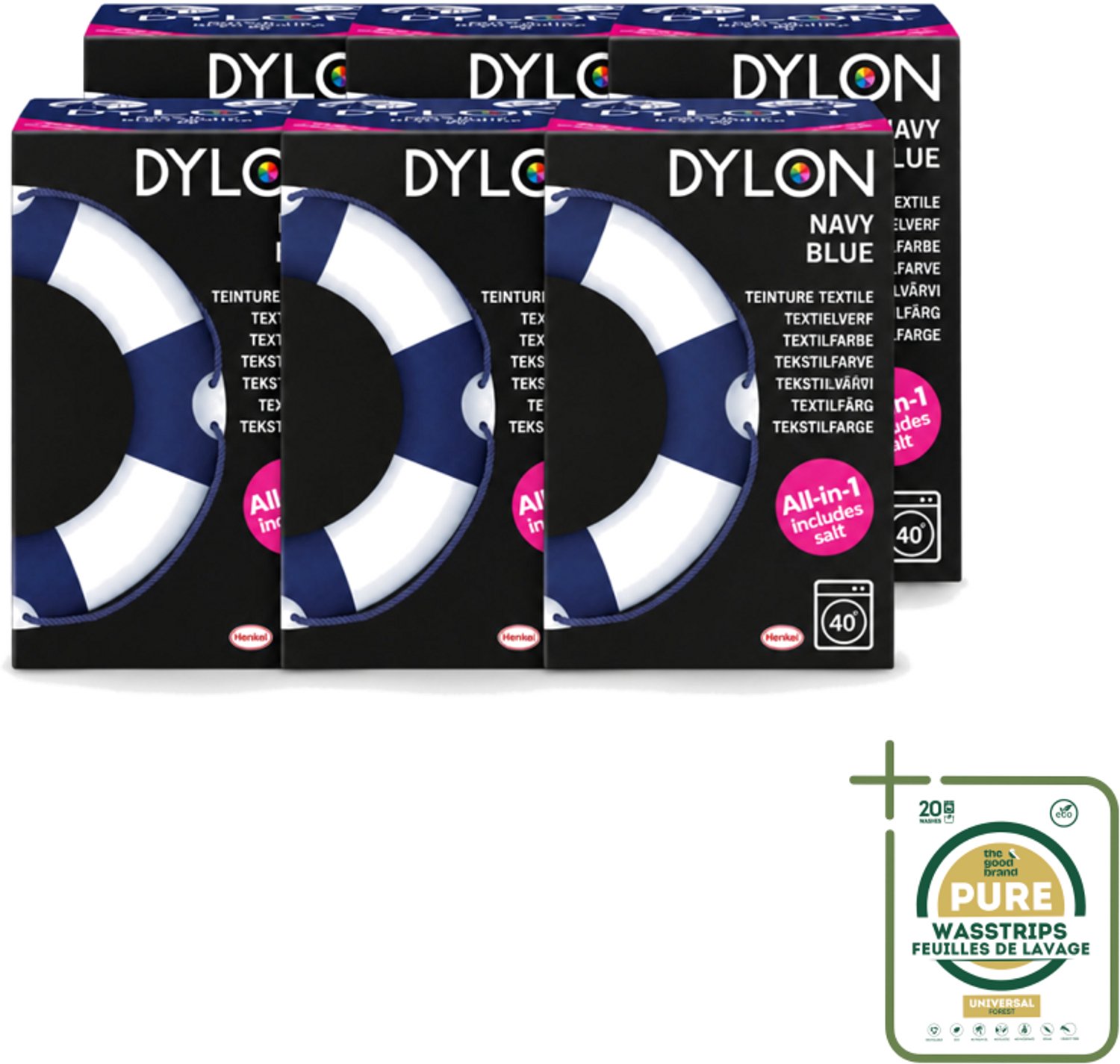 6 x Dylon - Textielverf - Navy Blue - All-in-One - Inclusief Zout - 350g - Wasstrips - Textielverf - Kleding Verven - Kleurstof - Katoen Verven - Stof Verven