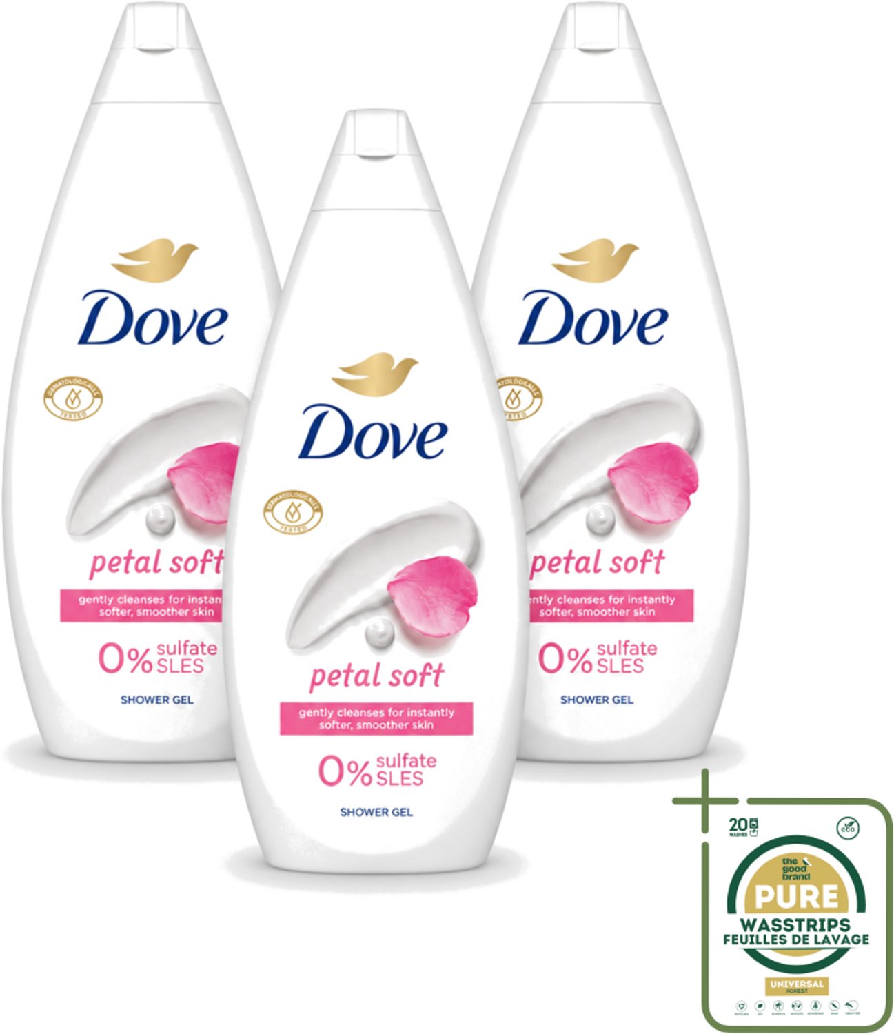 3 x Dove Petal Soft - Douchegel - Sulfaatvrij - 250 ml - Wasstrips - Douchegele - Zachte Reiniging - Hydratatie - Bloemige Geur - Sulfaatvrije