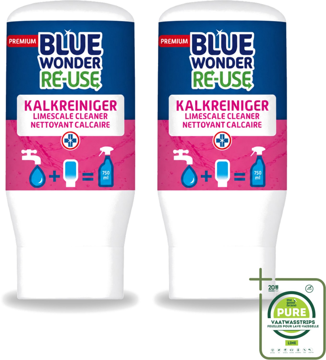 2 x Blue Wonder - Premium Re-use Kalkreiniger - 50 ml - Grootverpakking - Kalkreiniger - Badkamer Reinigen - Kalk Verwijderen - Vet Verwijderen - Vuil Verwijderen