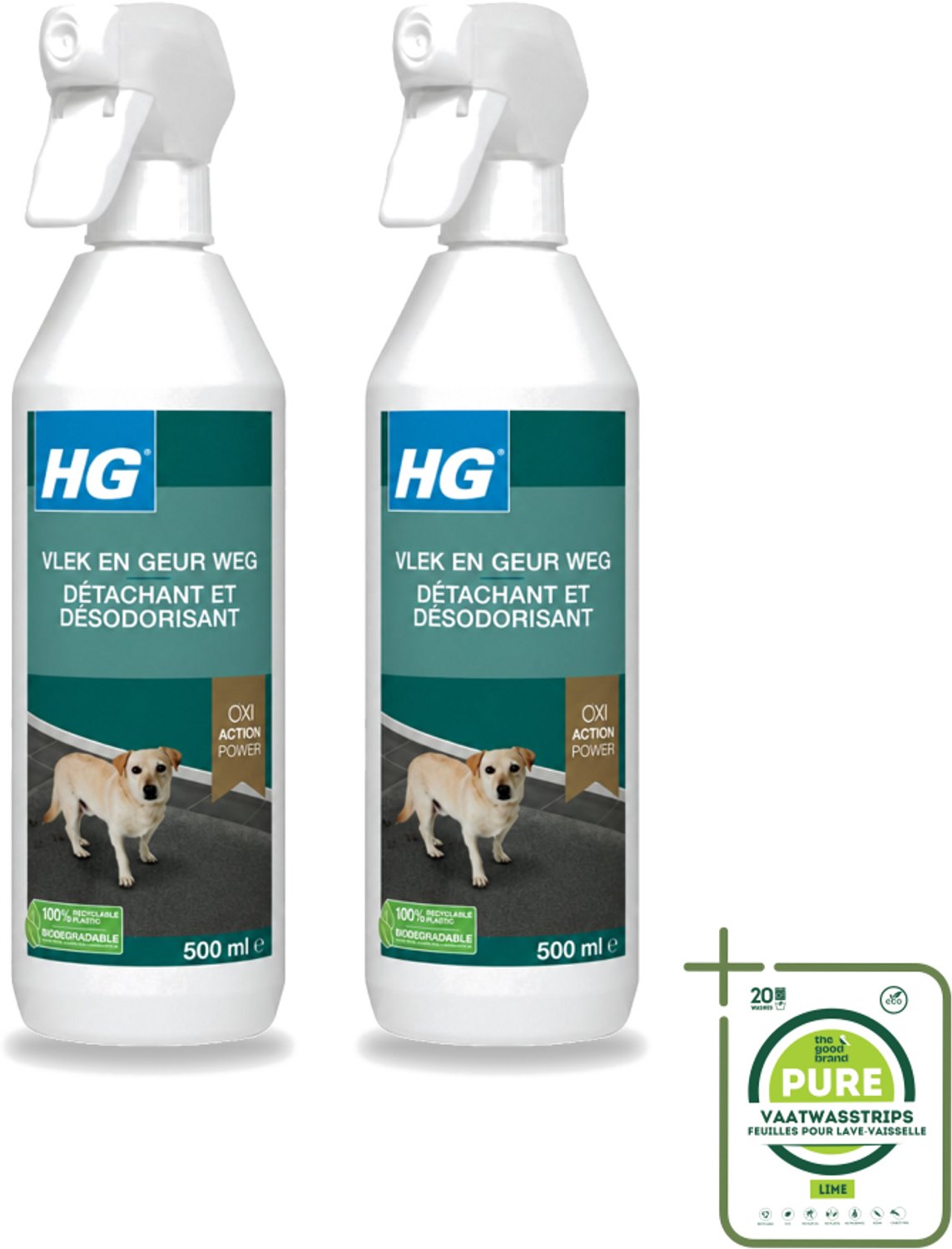 2 x HG - Vlek & Geur Weg Spray - Hond - Oxi Action Power - Hardnekkige Werking - 500 ml - Grootverpakking - Vaatwasstrips - Hondvlek Weg - Hondgeur Weg - Hondvlek Neutraliseren - Hondgeur Neutraliseren - Vlek Op Tapijt