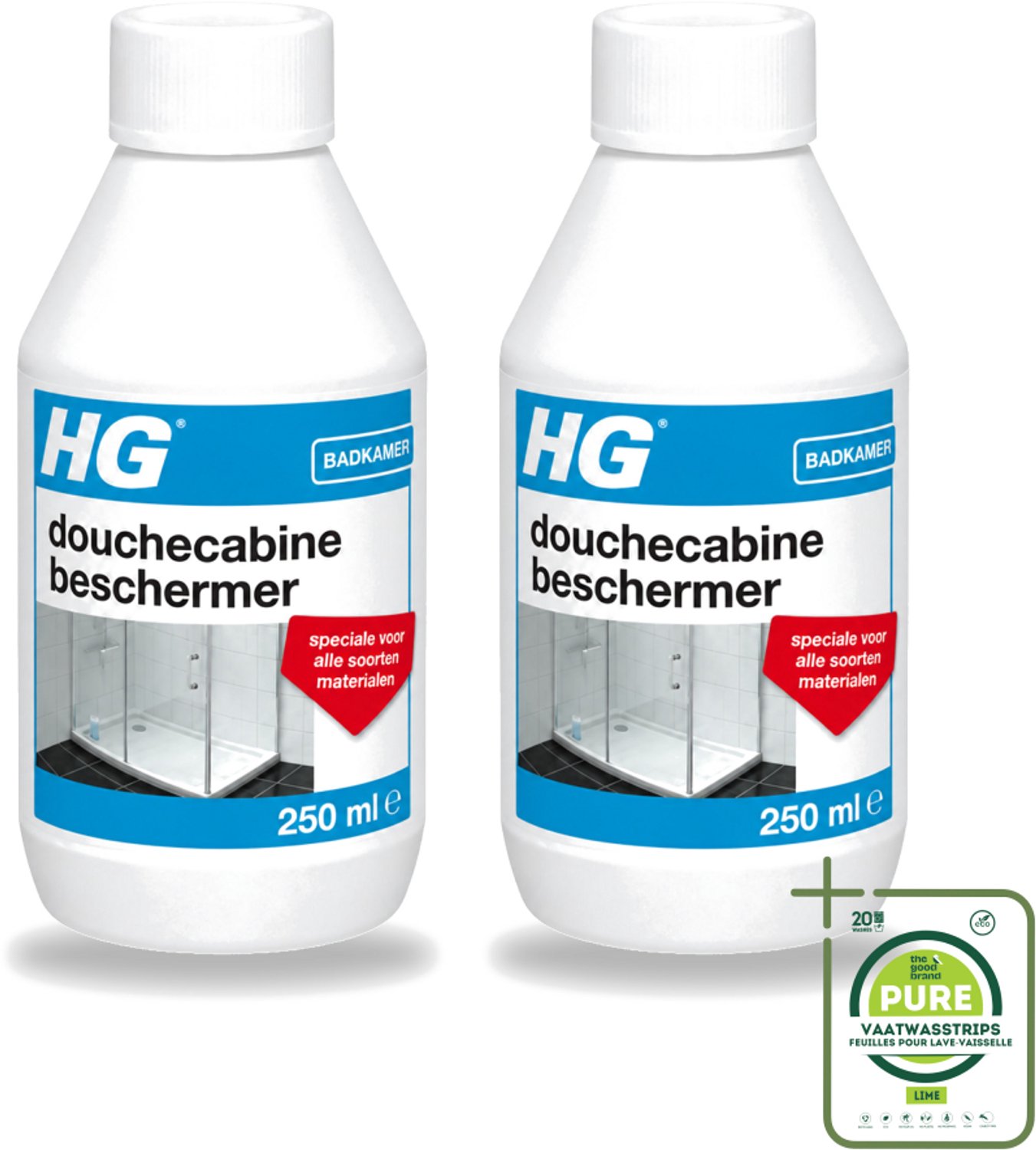 2 x HG - Badkamer - Douchecabine Beschermer - Voor Elk Materiaal - 250 ml - Grootverpakking - Vaatwasstrips - Douchecabine Beschermer - Kalkaanslag Bestrijden - Vuilafstotend - Waterafstotend - Badkamer Schoonhouden