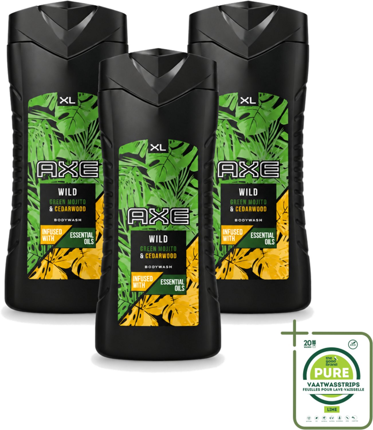 3 x AXE - Douchegel - Wild - 400 ml - Grootverpakking - Vaatwasstrips - Douchegel - Frisheid - Mojito - Cederhout - Axe
