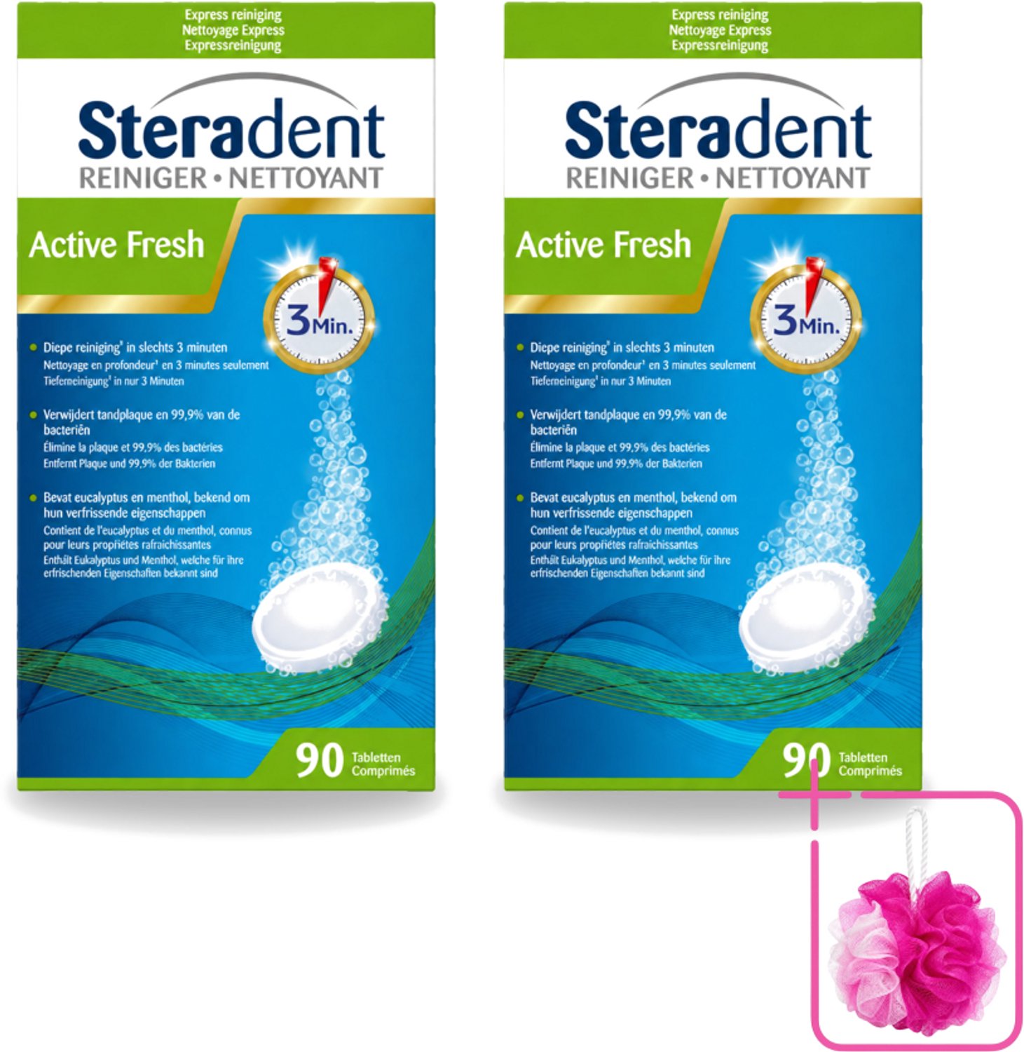 2 x Steradent - Kunstgebitreiniger - Active Fresh - Menthol En Eucalyptus - 90 Tabletten - Bulkverpakking - Kunstgebit reinigen - Douchemop - Kunstgebit reiniging