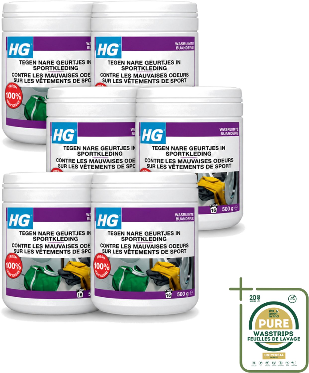 6 x HG - Wasruimte - Tegen Nare Geurtjes In Sportkleding - Wasmiddeltoevoeging - 500 g - Wasstrips - Geurverwijdering Sportkleding - Stankmoleculen Verwijderen - Wasmiddel Toevoeging - Sportkleding Geur - Handdoek Geur