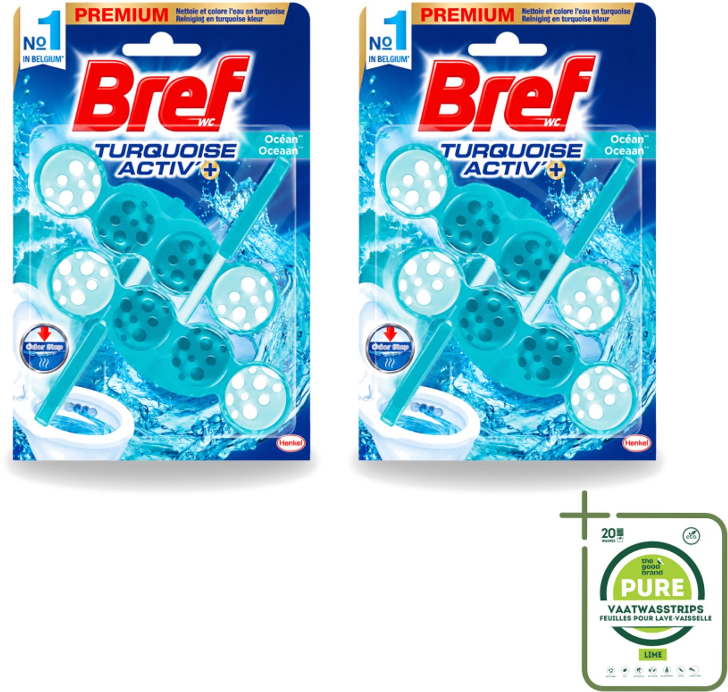 2 x Bref WC - Turquoise Activ+ - Toiletblok - Oceaan - 2 Blokken - Grootverpakking - Vaatwasstrips - Toilet - Toiletblok - Oceaanfrisheid - Reiniging - Anti-kalk