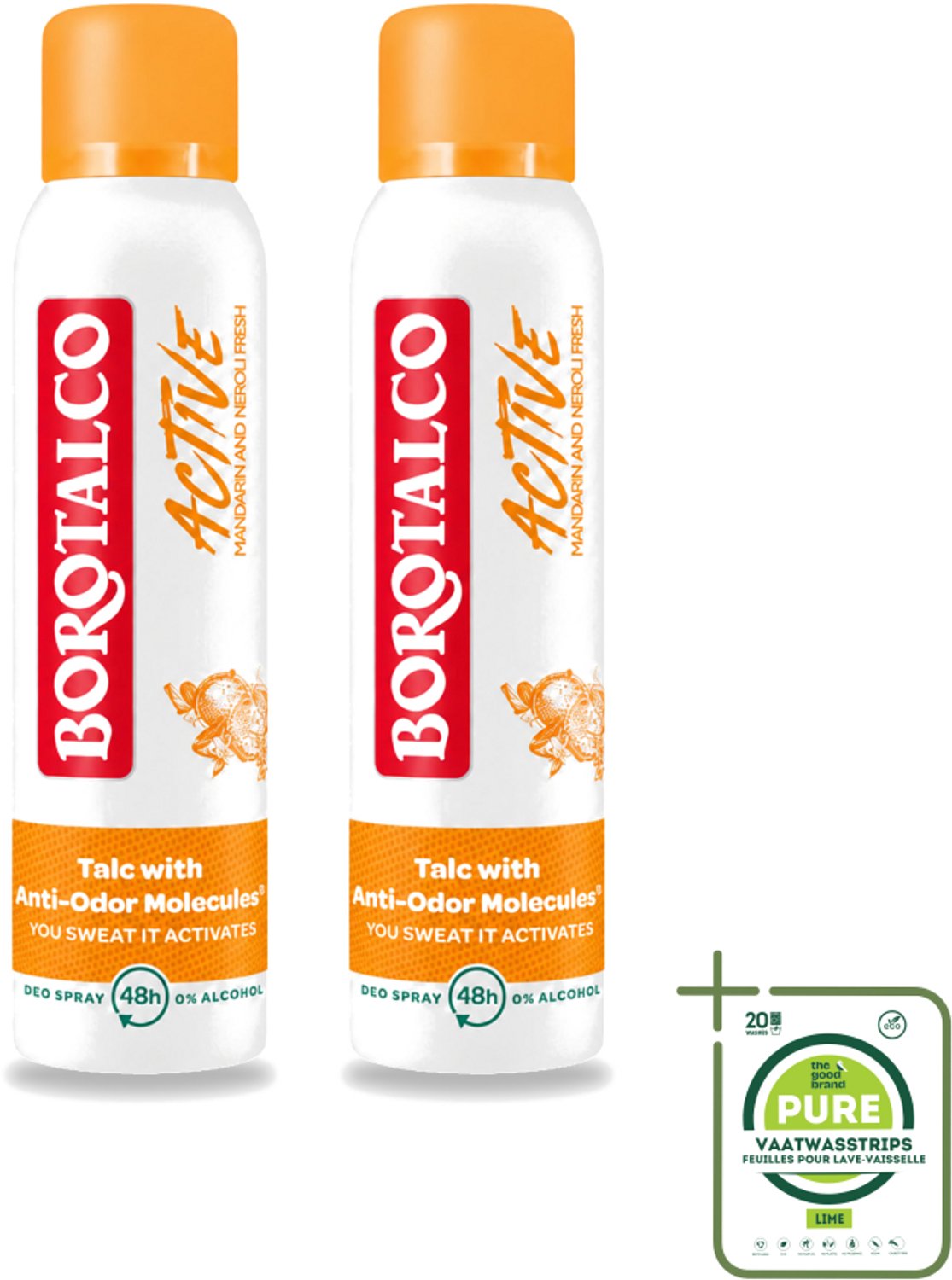 2 x Borotalco - Deodorant Spray - Active - Mandarin & Neroli Fresh - 0% Alcohol - 150 ml - Grootverpakking - Vaatwasstrips - Deodorant Spray - Mandarijn En Neroli - Geur - Transpiratie - Geurvervoeging