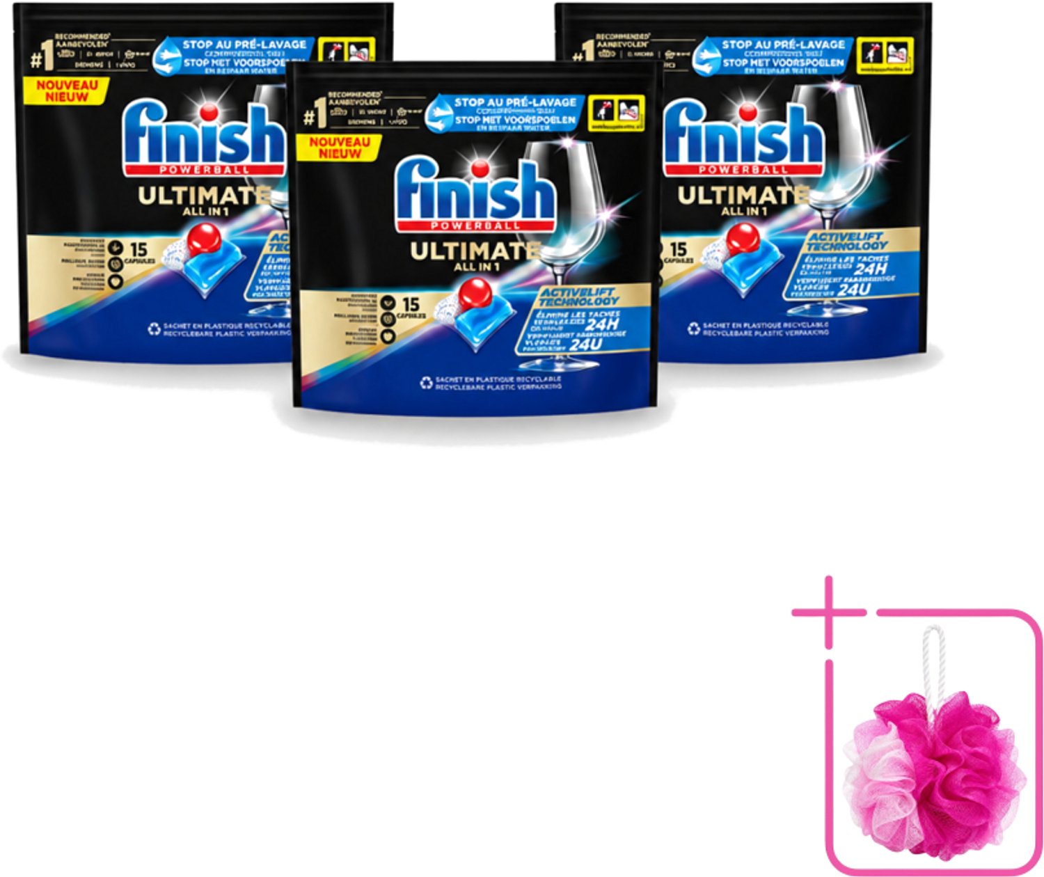 3 x Finish Powerball - Ultimate All in 1 - Vaatwastabletten - Activelift - 15 Capsules - Bulkverpakking - Vaatwastabletten - Douchemop - Activelift