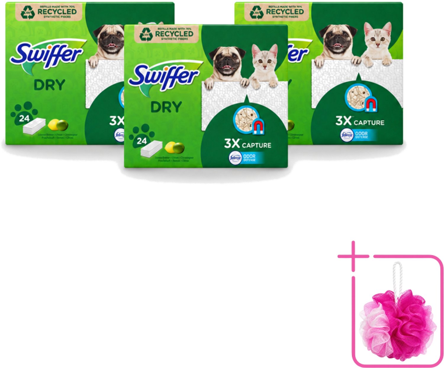 3 x Swiffer Dry - Vloerdoekjes - Navulling - Febreze Citroengeur - 24 Doekjes - Bulkverpakking - Vloerdoekjes - Douchemop - Schoonmaken