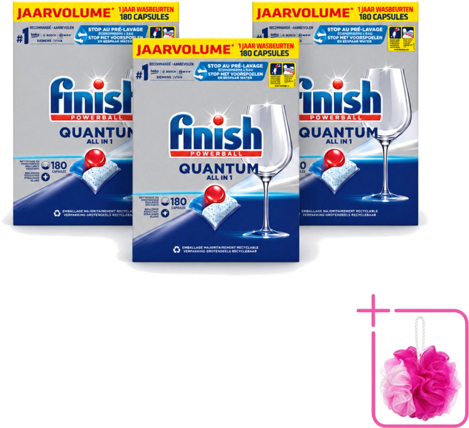 3 x Finish Powerball - Quantum All in 1 - Vaatwastabletten - 180 Tabletten - Bulkverpakking - Vaatwassen - Douchemop - Vaatwastabletten