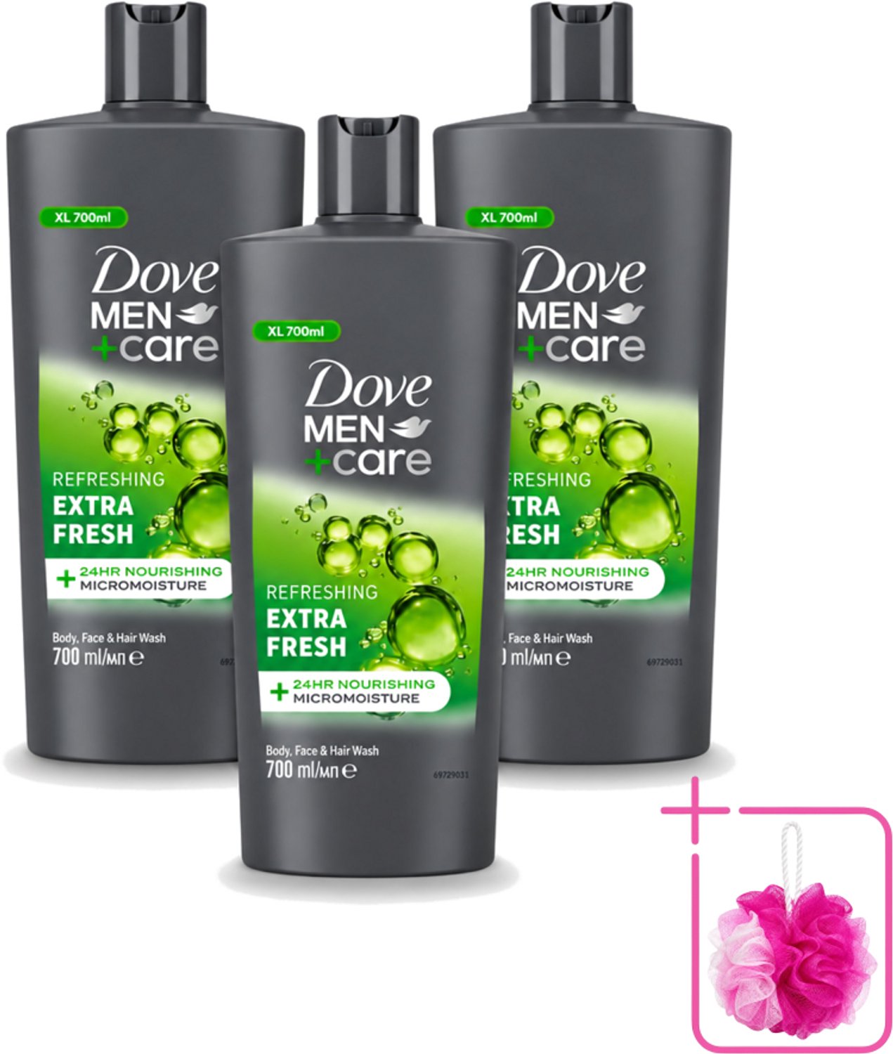3 x Dove Men+Care - Extra Fresh - Douchegel 3-in-1 - Verzorgend - 700 ml - Bulkverpakking - Douchegel voor mannen - Douchemop - Verfrissende douche