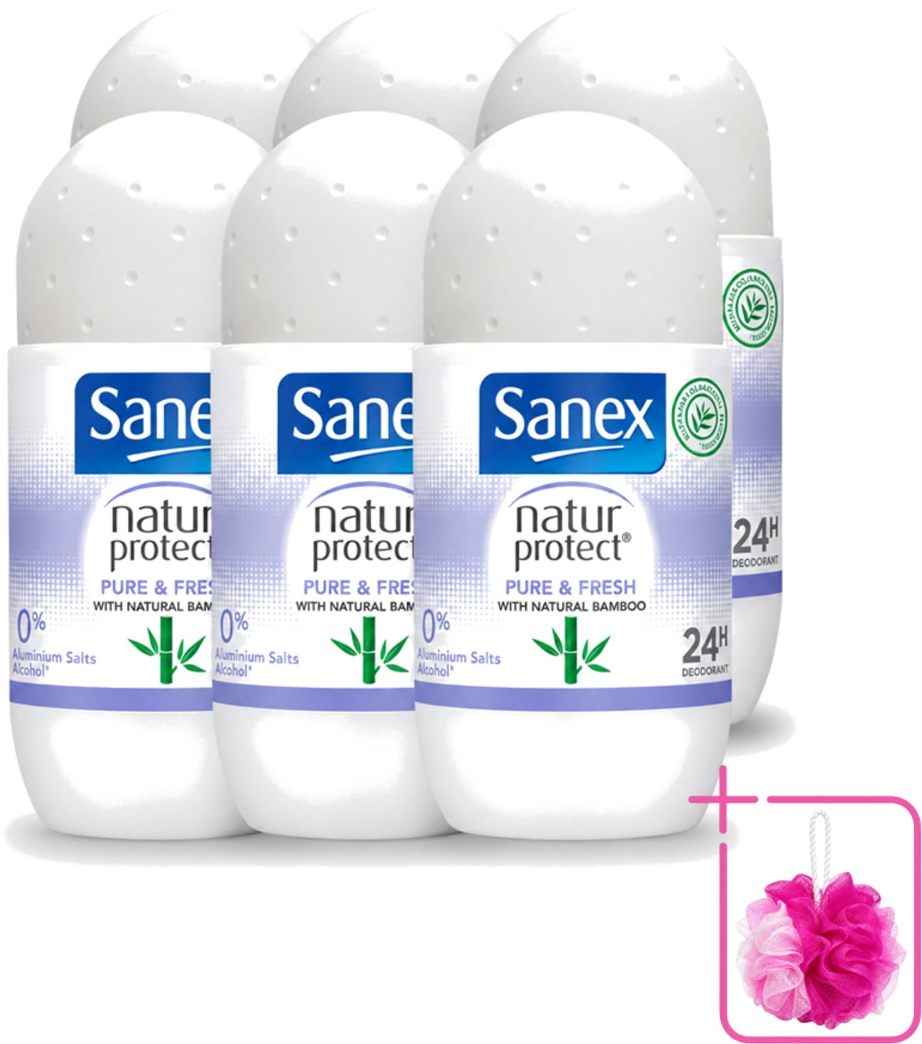 6 x Sanex Natur Protect - Deodorant Roller - Puur & Fris - Met Nattuurlijke Bamboo - 50 ml - Bulkverpakking - Natuurlijke deodorant - Douchemop - Bamboe deodorant