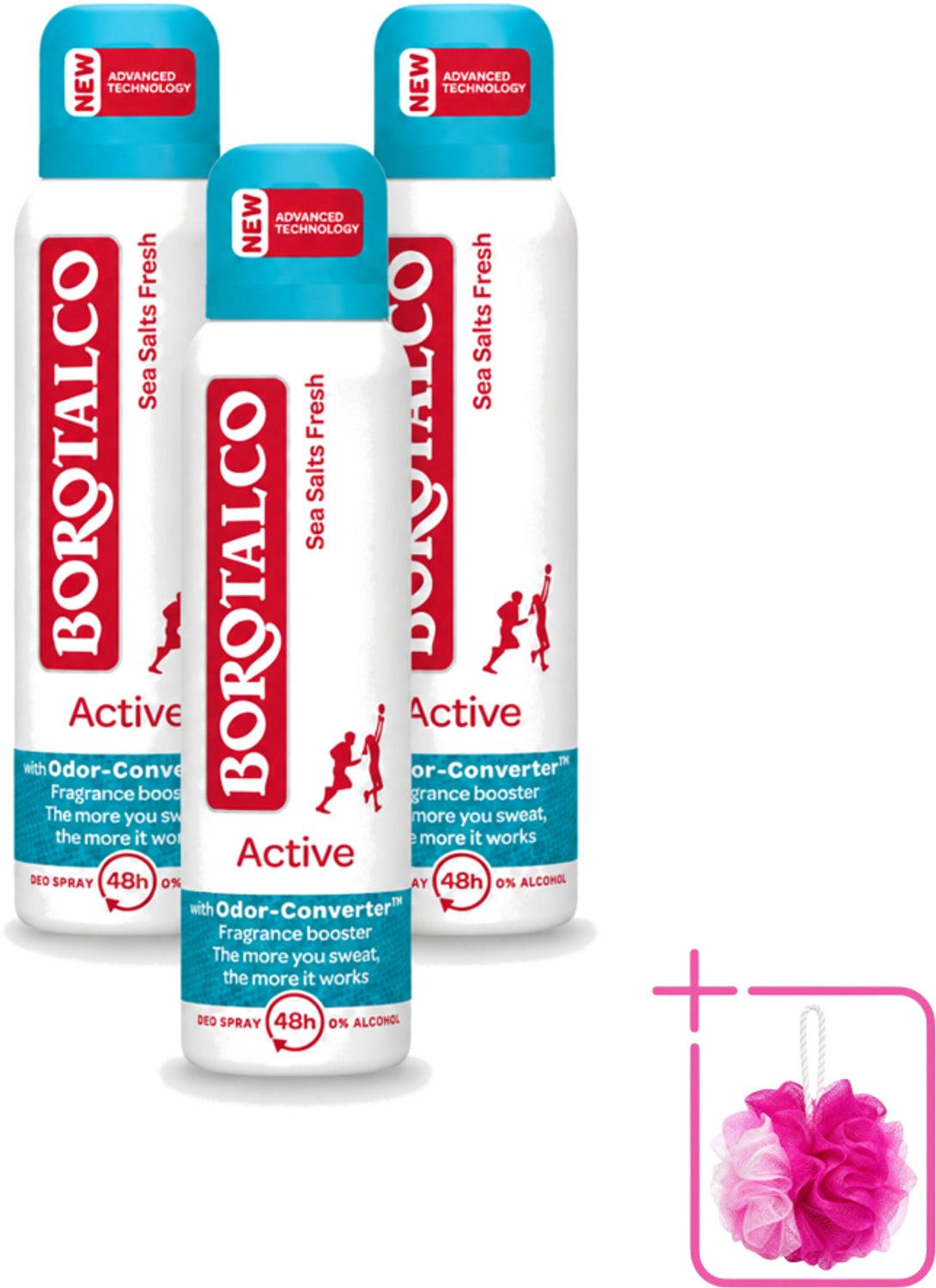 3 x Borotalco - Deodorant Spray - Active - Sea Salts Fresh - 0% Alcohol - 150 ml - Bulkverpakking - Zweetgeur bestrijding - Douchemop - Zeezout geur