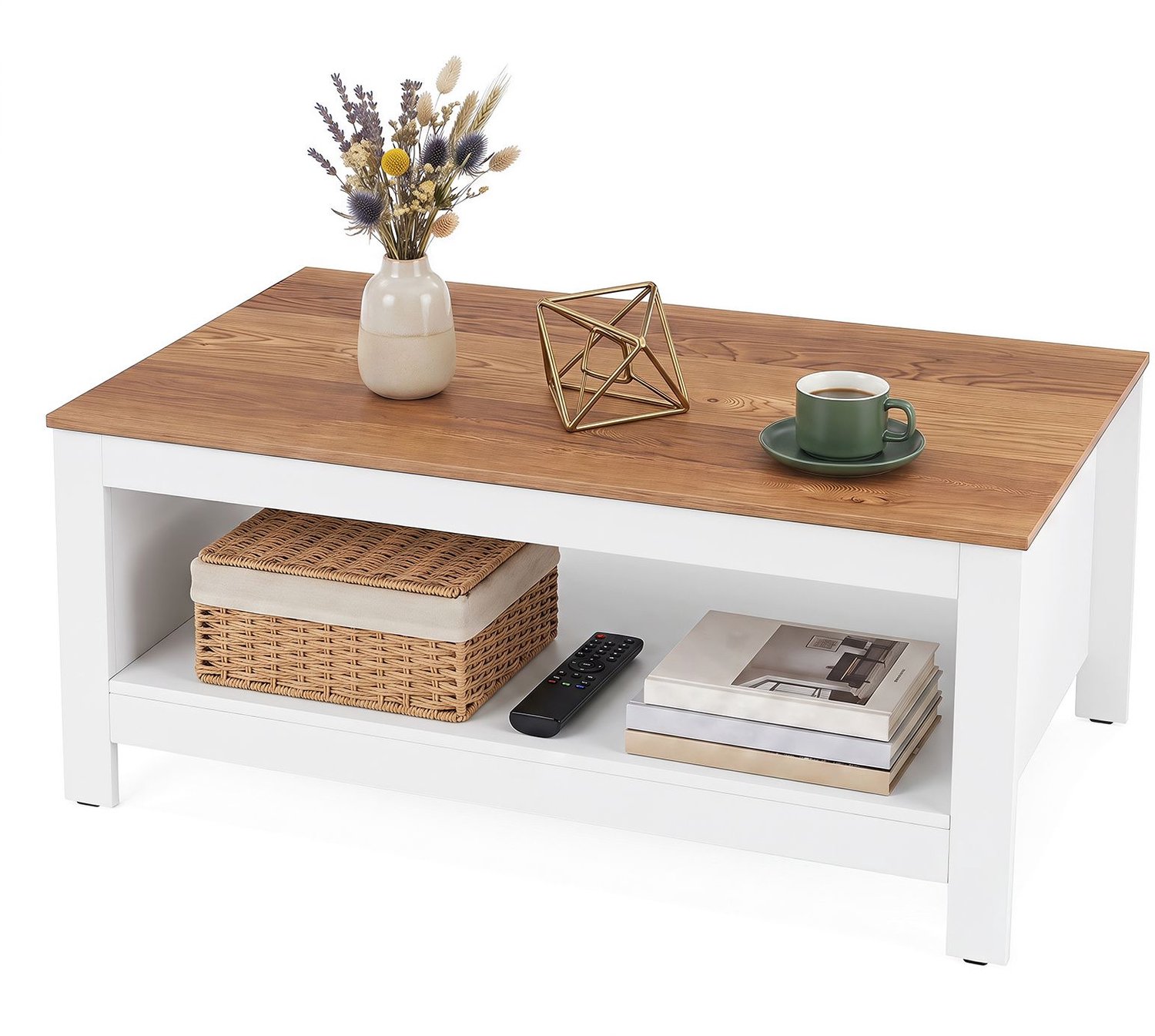 SureDeal® - Salontafel - Opbergruimte Laags Woonkamer - 105x60x46 cm - Wit en Naturel