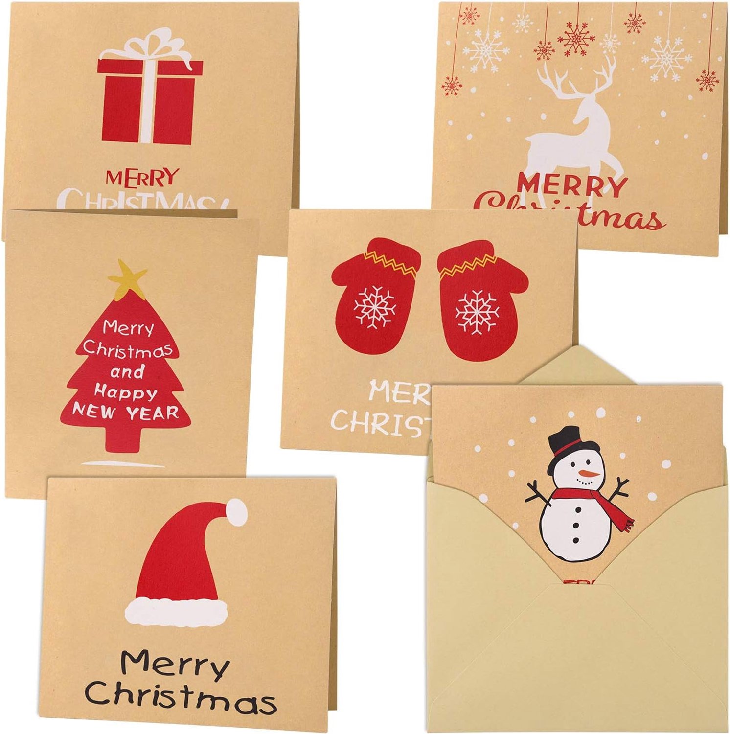 Kerstkaarten set 30 stuks - Kraft papier - 6 unieke ontwerpen - Voor het versturen van kerstgroeten - ShopVlot