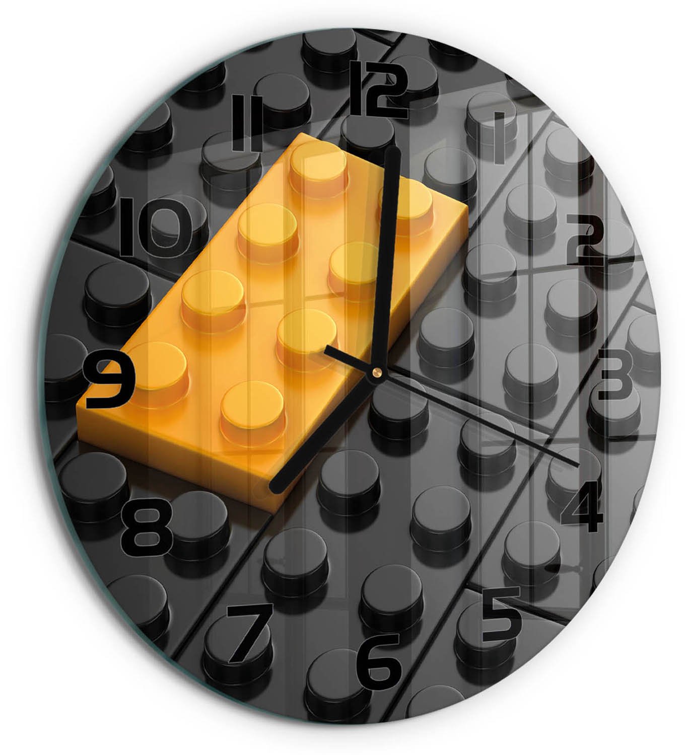 TULUP Wandklok - Lego Wandklok Glas Met Motief - fi30 cm - Geel Decoratieve Glazen Klok - Zwarte handen - Ronde Klok - Gekleurde Glazen Klok - Glazen Klok Met Print