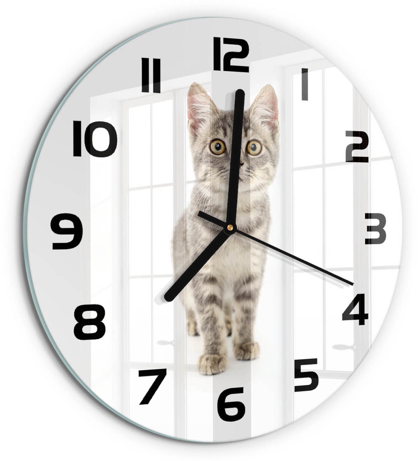 TULUP Wandklok - Grijze kat Gekleurde Glazen Klok - fi30 cm - Grijs Glazen Klok Met Print - Zwarte handen - Ronde Klok - Moderne Wandklok Glas - Wandklok Glas Decoratie