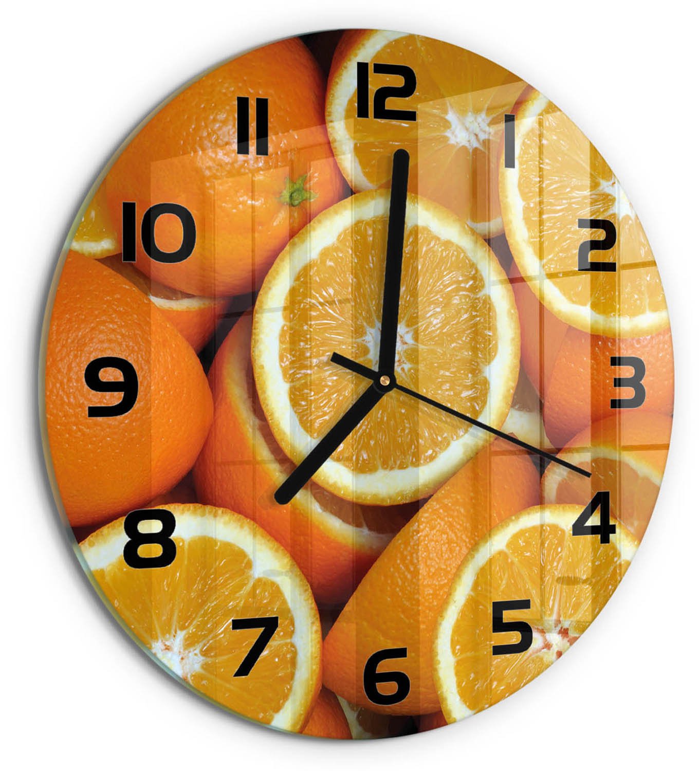 TULUP Wandklok - Sinaasappelhelften Wandklok Glas Decoratie - fi30 cm - Oranje Gekleurde Glazen Klok - Zwarte handen - Ronde Klok - Klok Glas Met Opdruk - Moderne Wandklok Glas