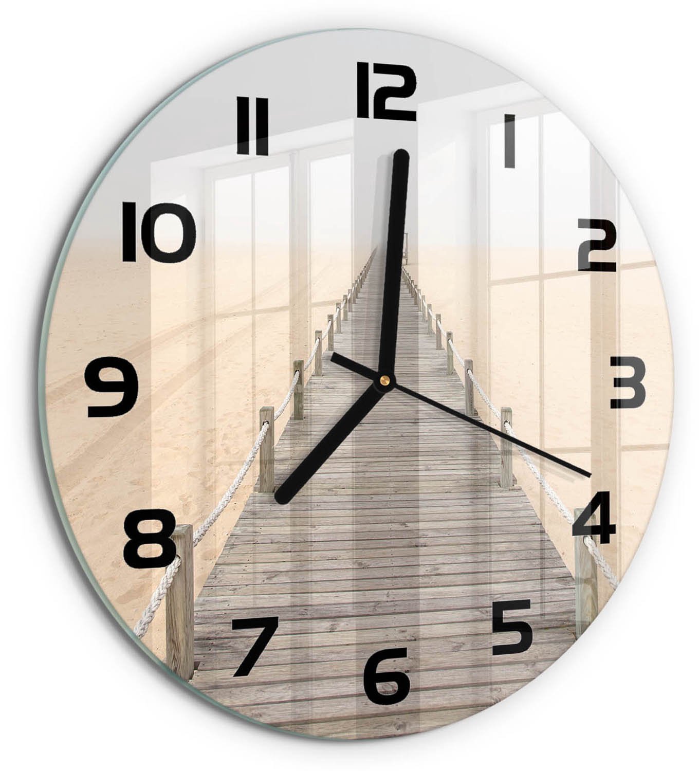 TULUP Wandklok - Strandpad Wandklok Glas Met Motief - fi30 cm - Beige Decoratieve Glazen Klok - Zwarte handen - Ronde Klok - Gekleurde Glazen Klok - Glazen Klok Met Print