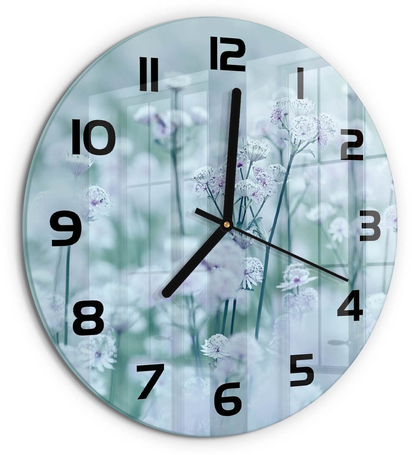 TULUP Wandklok - Grote garenkruid Moderne Wandklok Glas - fi30 cm - Wit Wandklok Glas Decoratie - Zwarte handen - Ronde Klok - Glazen Wandklok Design - Klok Glas Met Opdruk