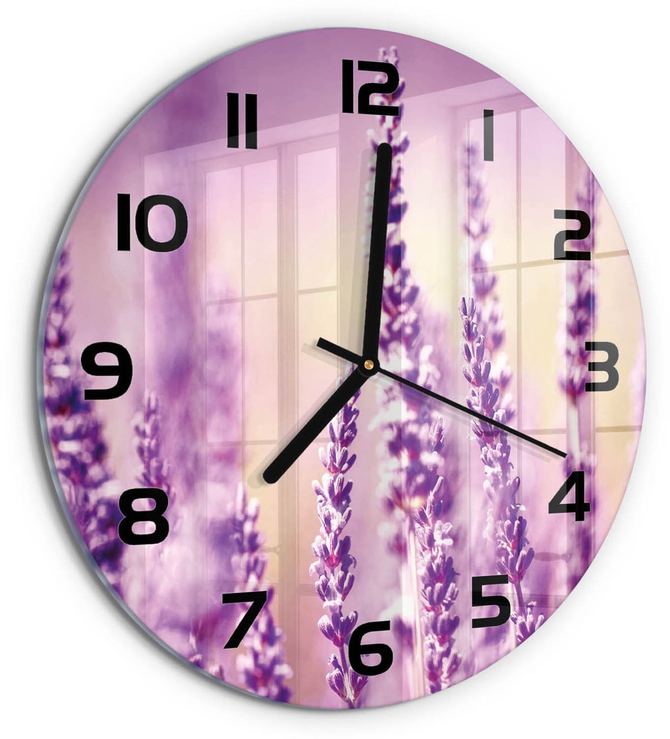 TULUP Wandklok - Lavendel Wandklok Glas Decoratie - fi30 cm - Paars Gekleurde Glazen Klok - Zwarte handen - Ronde Klok - Klok Glas Met Opdruk - Moderne Wandklok Glas