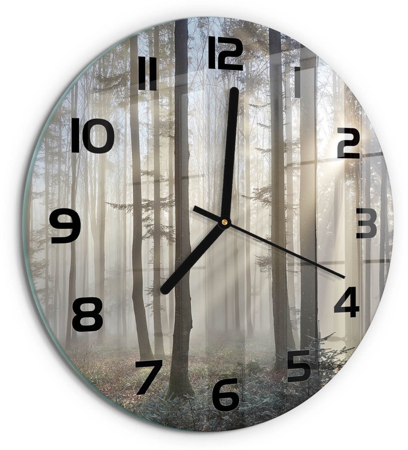 TULUP Wandklok - Mist in het bos Gekleurde Glazen Klok - fi30 cm - Bruin Glazen Klok Met Print - Zwarte handen - Ronde Klok - Moderne Wandklok Glas - Wandklok Glas Decoratie