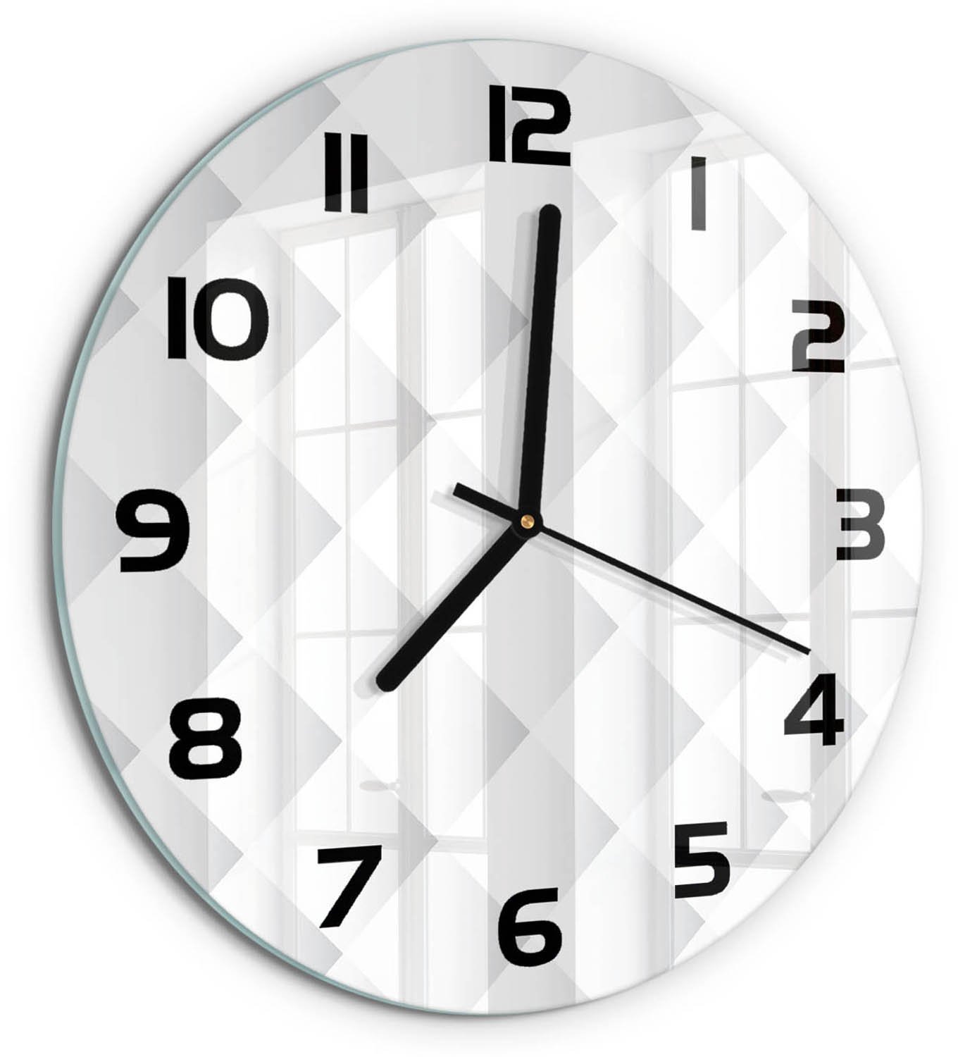 TULUP Wandklok - Vierkanten Achtergrond Moderne Wandklok Glas - fi30 cm - Wit Wandklok Glas Decoratie - Zwarte handen - Ronde Klok - Glazen Wandklok Design - Klok Glas Met Opdruk