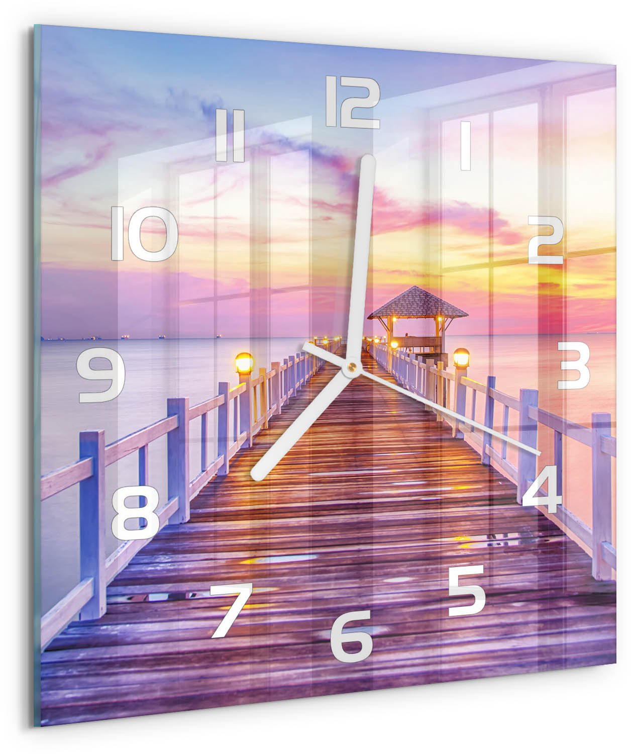 Tulup Wandklok - Houten brug Moderne Wandklok Glas - 30x30 cm - Oranje Wandklok Glas Decoratie - Witte handen - Vierkante Klok - Glazen Wandklok Design - Klok Glas Met Opdruk