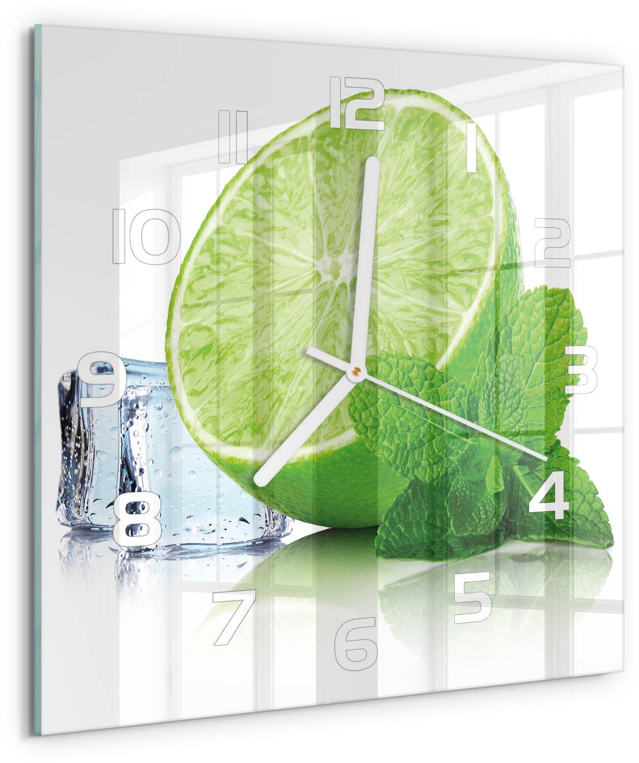 Tulup Wandklok - Limoen met ijs Wandklok Glas Met Motief - 30x30 cm - Groente Decoratieve Glazen Klok - Witte handen - Vierkante Klok - Gekleurde Glazen Klok - Glazen Klok Met Print