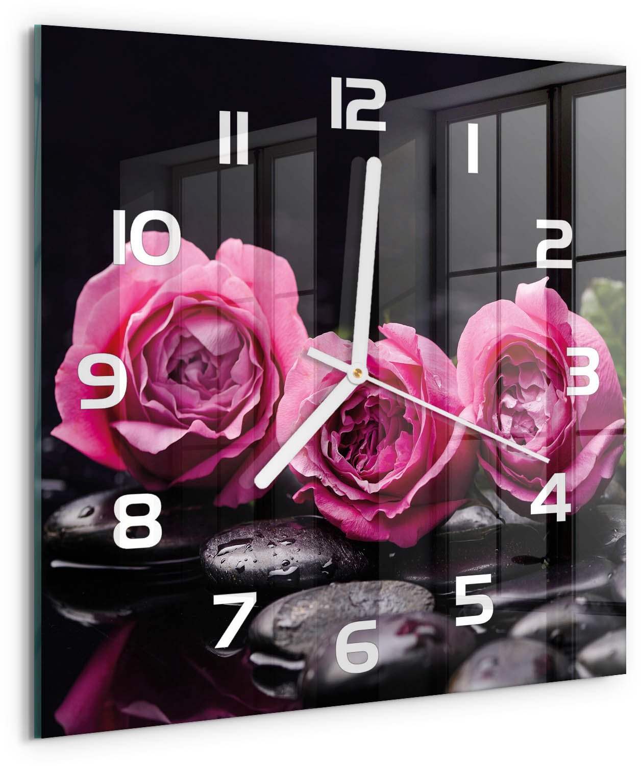 Tulup Wandklok - Roze rozen Wandklok Glas Met Motief - 30x30 cm - Roze Decoratieve Glazen Klok - Witte handen - Vierkante Klok - Gekleurde Glazen Klok - Glazen Klok Met Print