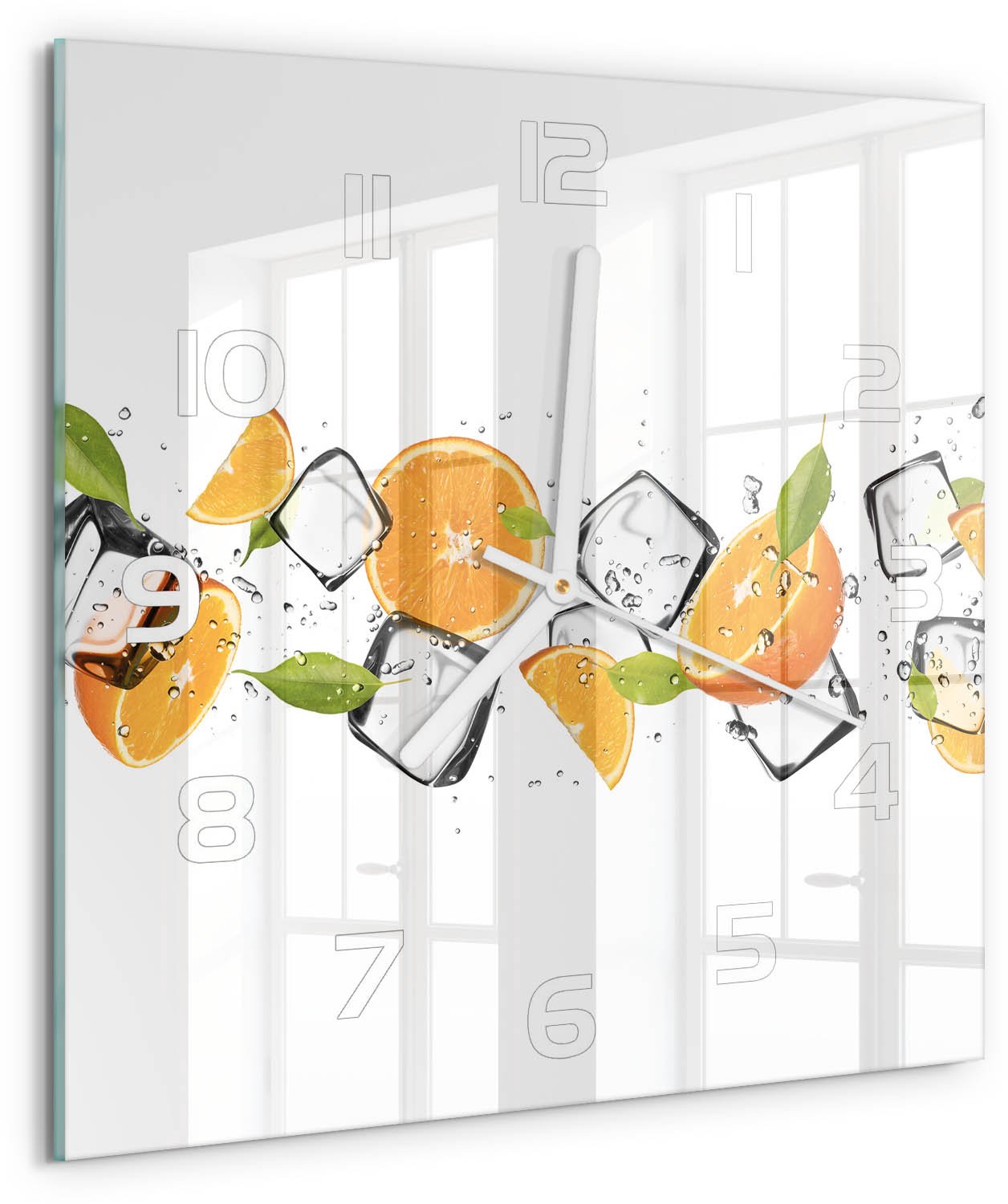Tulup Wandklok - Sinaasappels met ijs Moderne Wandklok Glas - 30x30 cm - Oranje Wandklok Glas Decoratie - Witte handen - Vierkante Klok - Glazen Wandklok Design - Klok Glas Met Opdruk
