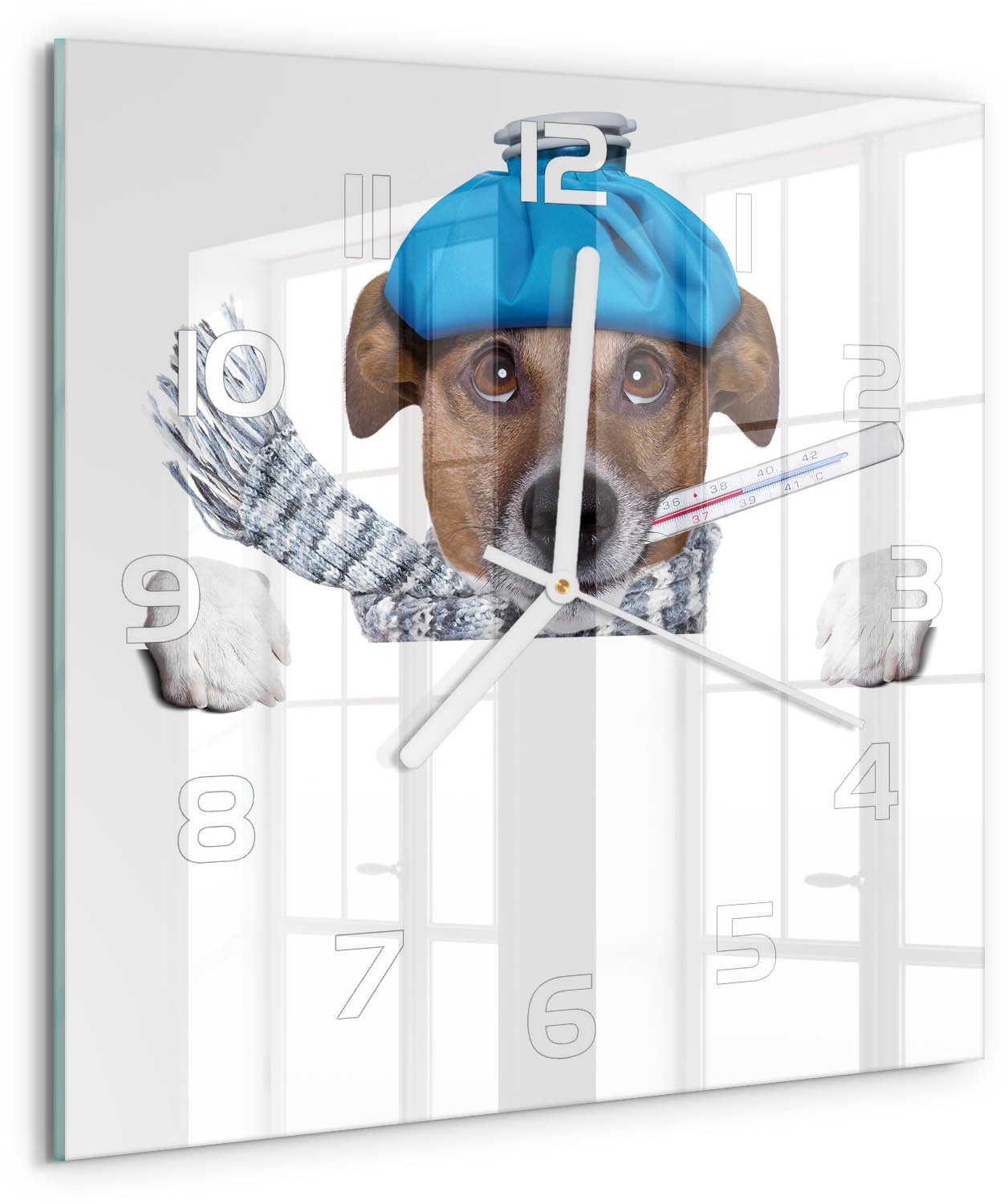 Tulup Wandklok - Zieke hond Wandklok Glas Decoratie - 30x30 cm - Blauw Gekleurde Glazen Klok - Witte handen - Vierkante Klok - Klok Glas Met Opdruk - Moderne Wandklok Glas