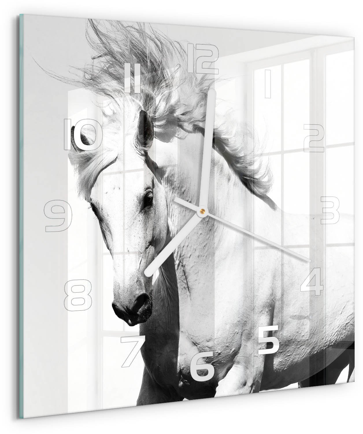 Tulup Wandklok - Wit Paard Gekleurde Glazen Klok - 30x30 cm - Wit Glazen Klok Met Print - Witte handen - Vierkante Klok - Moderne Wandklok Glas - Wandklok Glas Decoratie