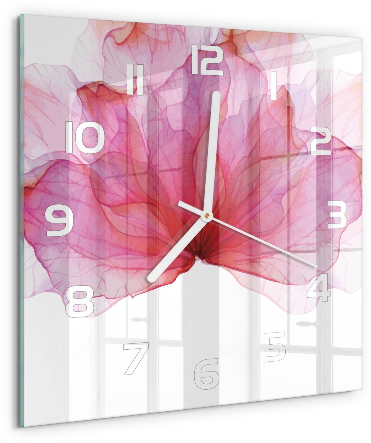 Tulup Wandklok - Roze bloem Decoratieve Glazen Klok - 30x30 cm - Roze Glazen Wandklok Design - Witte handen - Vierkante Klok - Glazen Klok Met Print - Wandklok Glas Met Motief