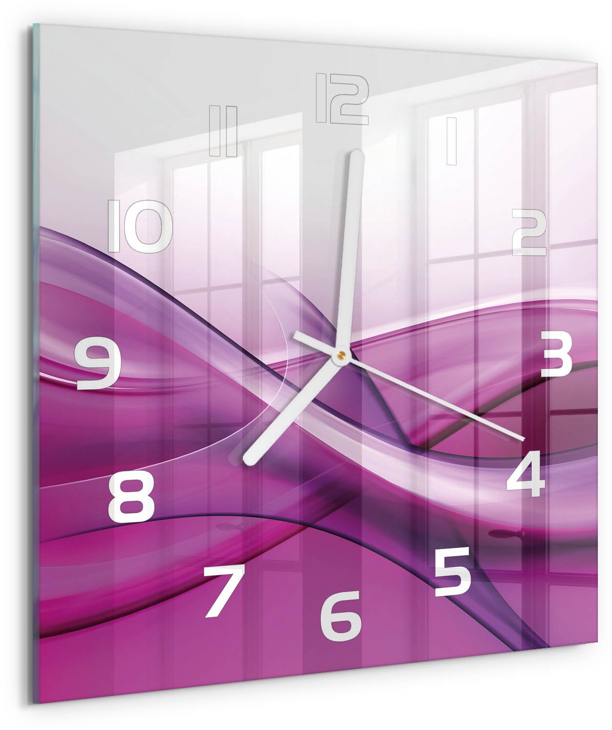 Tulup Wandklok - Golfachtergrond Wandklok Glas Decoratie - 30x30 cm - Roze Gekleurde Glazen Klok - Witte handen - Vierkante Klok - Klok Glas Met Opdruk - Moderne Wandklok Glas