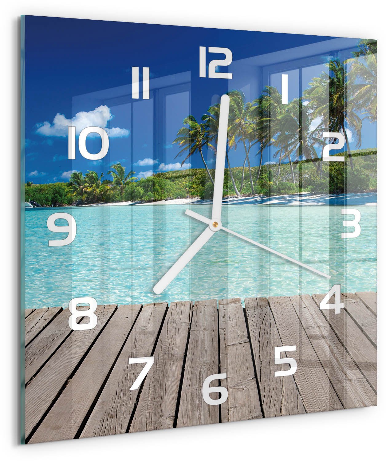 Tulup Wandklok - Tropisch strand Moderne Wandklok Glas - 30x30 cm - Groente Wandklok Glas Decoratie - Witte handen - Vierkante Klok - Glazen Wandklok Design - Klok Glas Met Opdruk