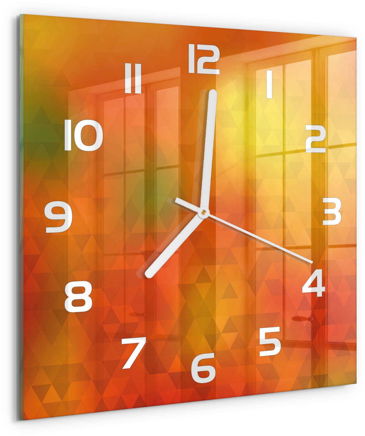 TULUP Wandklok - Driehoeken van abstractie Klok Glas Met Opdruk - 30x30 cm - Oranje Moderne Wandklok Glas - Witte handen - Vierkante Klok - Decoratieve Glazen Klok - Glazen Wandklok Design