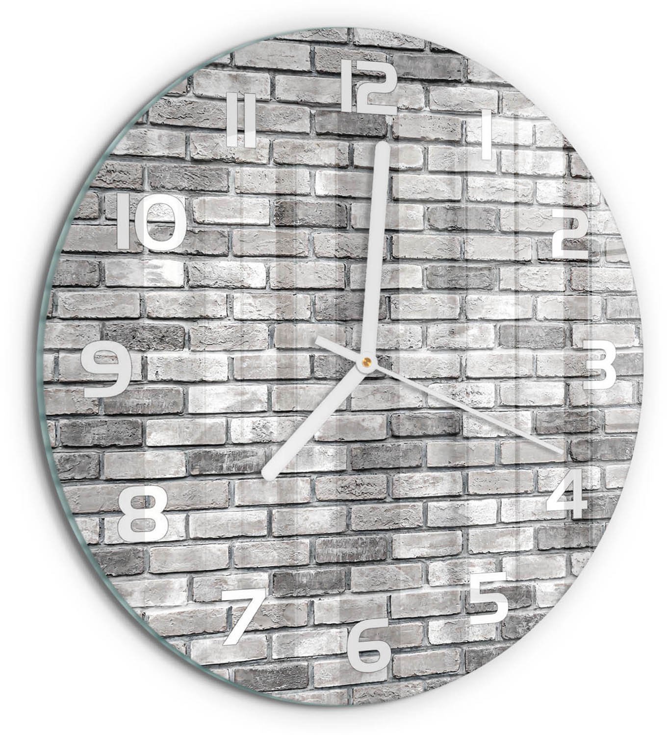 TULUP Wandklok - Bakstenen muur Wandklok Glas Met Motief - fi30 cm - Grijs Decoratieve Glazen Klok - Witte handen - Ronde Klok - Gekleurde Glazen Klok - Glazen Klok Met Print